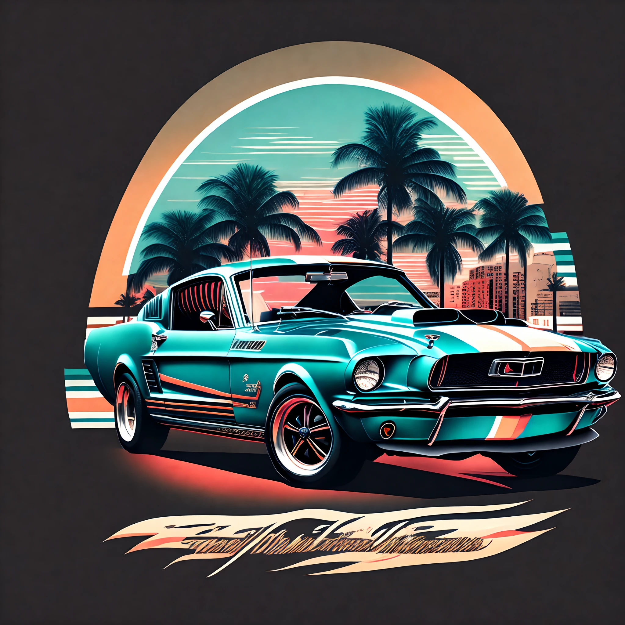 Artwork for t-shirt graphic design, a retro graphic design, ford mustang gt500 1967, miami street, soft four color color, vintage pastel tone, highly detailed clean, vector image, realistic masterpiece, professional photography, realistic car, simple car sunrise background, flat black background, isometric, vibrant vector