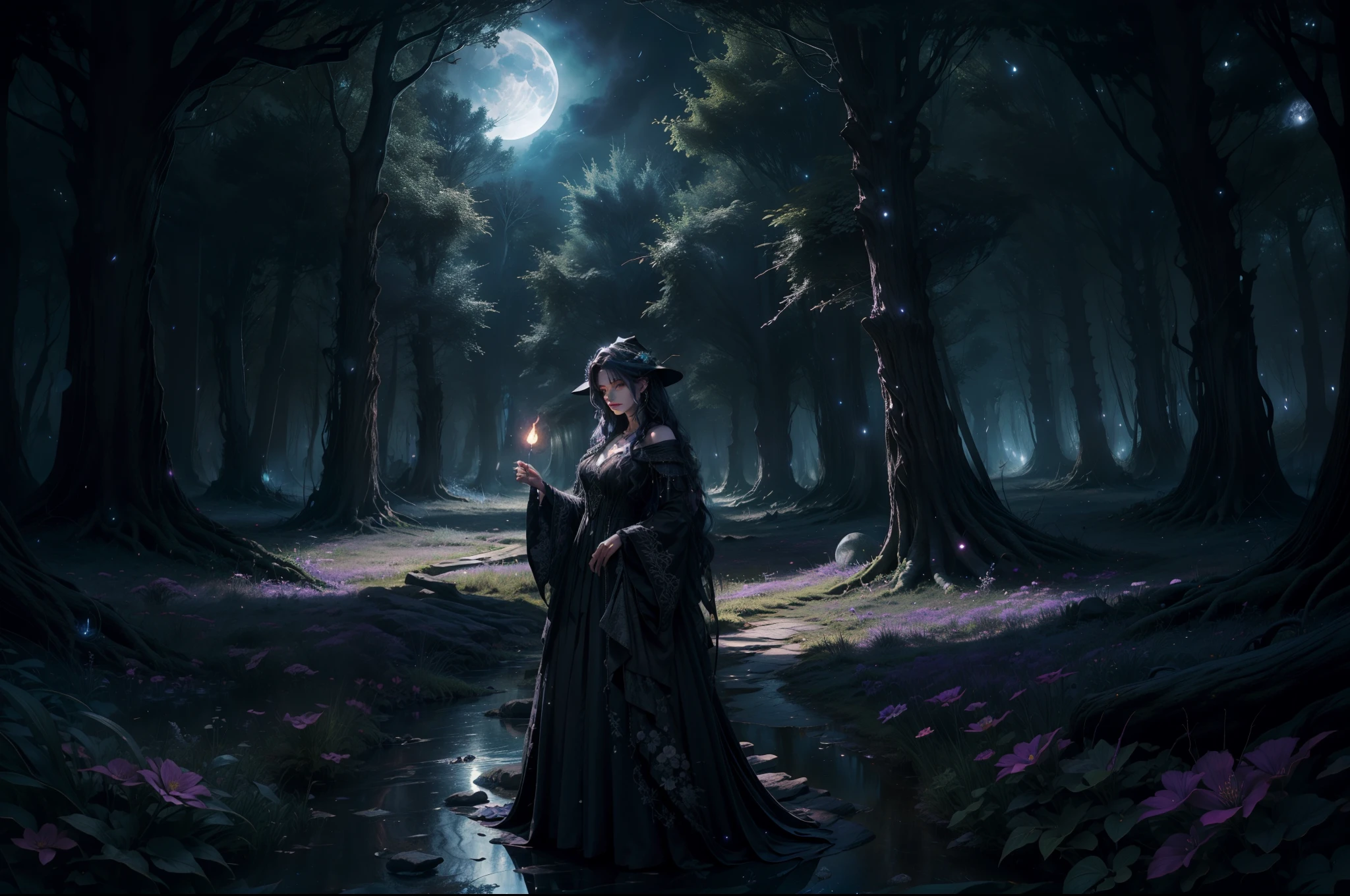 A witch in a garden in the woods. She cooks a magic potion on a big cauldron over a camp fire. She wears a multilayered dress black and dark purple fabric with silver embellishments. Long messy wavy hair in dark colour, big dark pointed ha. She is surrounded by a swarm of varieties moths and bats of different shapes and tones. Dynamic image. Magical dark flowery forest as background, night, stormy, moonlight filtering through the trees. Realistic.