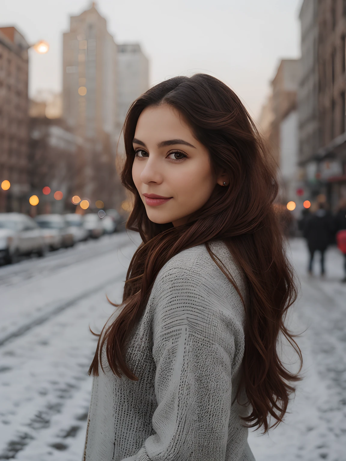 __hair color__, Latina woman, long hair, New York City background, winter, professional, 4K, HD, UHD, 8K, high detail, ultra definition