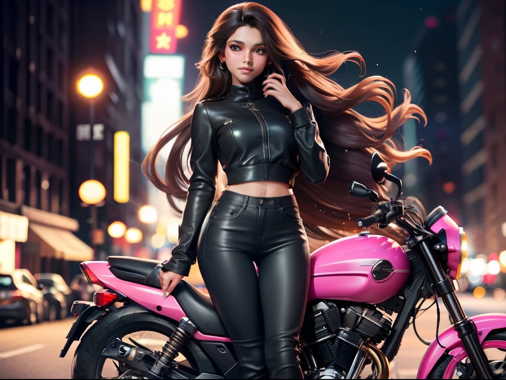 A brown skin girl with long hair, standing in front of a motorcycle 🏍️💨 in the city, sparkling simple make up, sparkling eyes, sparkling lips, sparkling, sparkling pink, sparkling black, a tall girl, high heel, wearing a trouser, night vision, flowers flying, hippie clothes, zoomed pictures