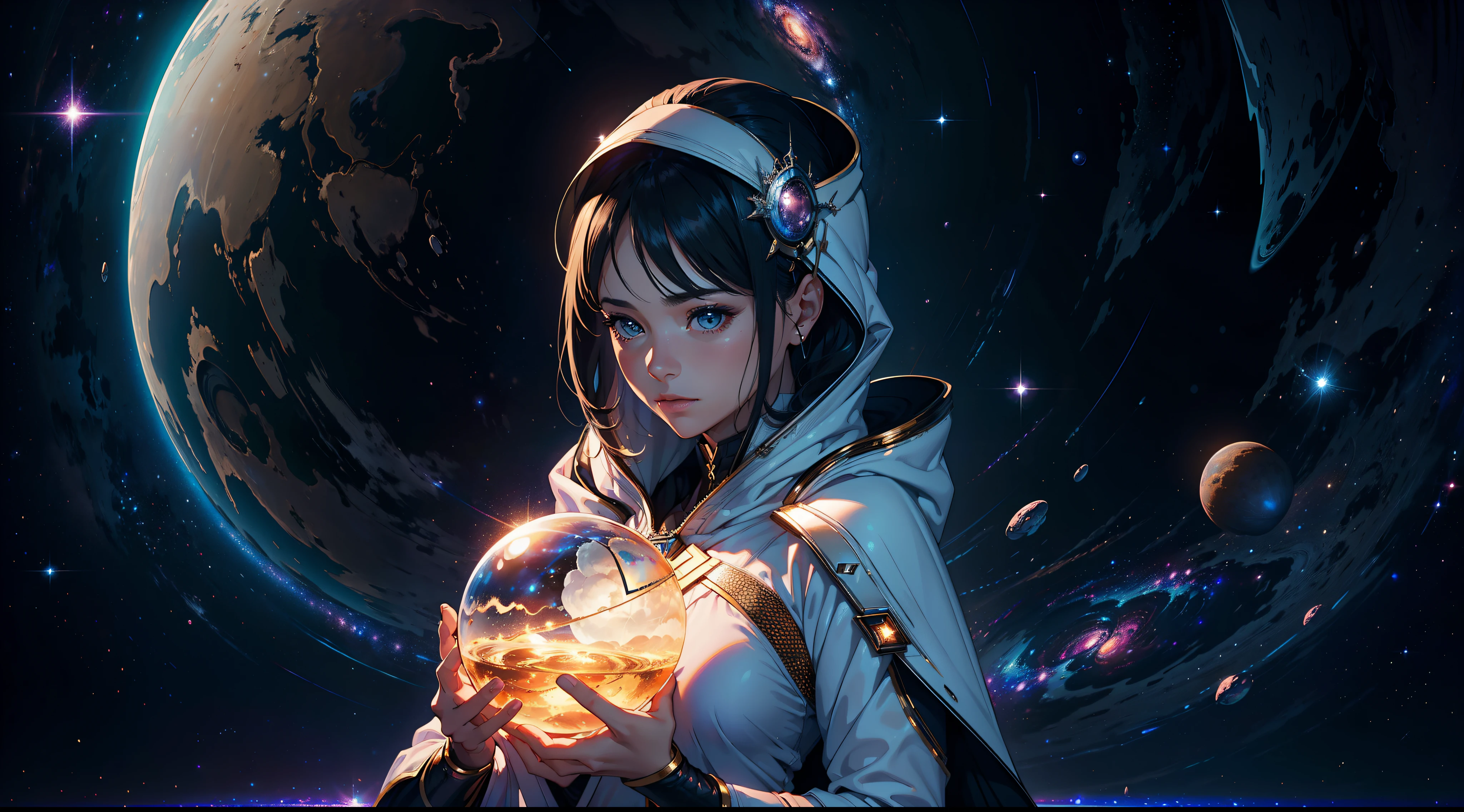 ((Ultra detailed, hyper realistic, high quality)), a beautiful galactic woman, shrouded in serenity, holding a galaxy in her arms and looking down on it gracefully.