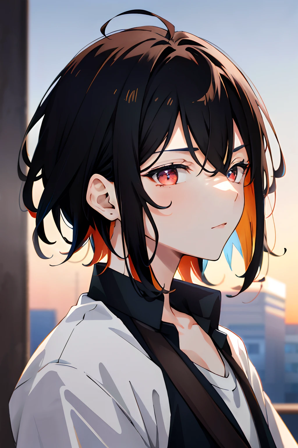 1 anime boy ,black hair, brown hair, multicolored hair, dark blue hair, asymmetrical hair, bangs, parted bangs, short hair, undercut, mole under eye, gradient eyes, red eyes, amber eyes, serious, Surrealism, anime, depth of field, cinematic lighting, 8k, super detail, masterpiece, anatomically correct, super detail, high details, high quality, award winning, best quality, highres, 8k, UHD