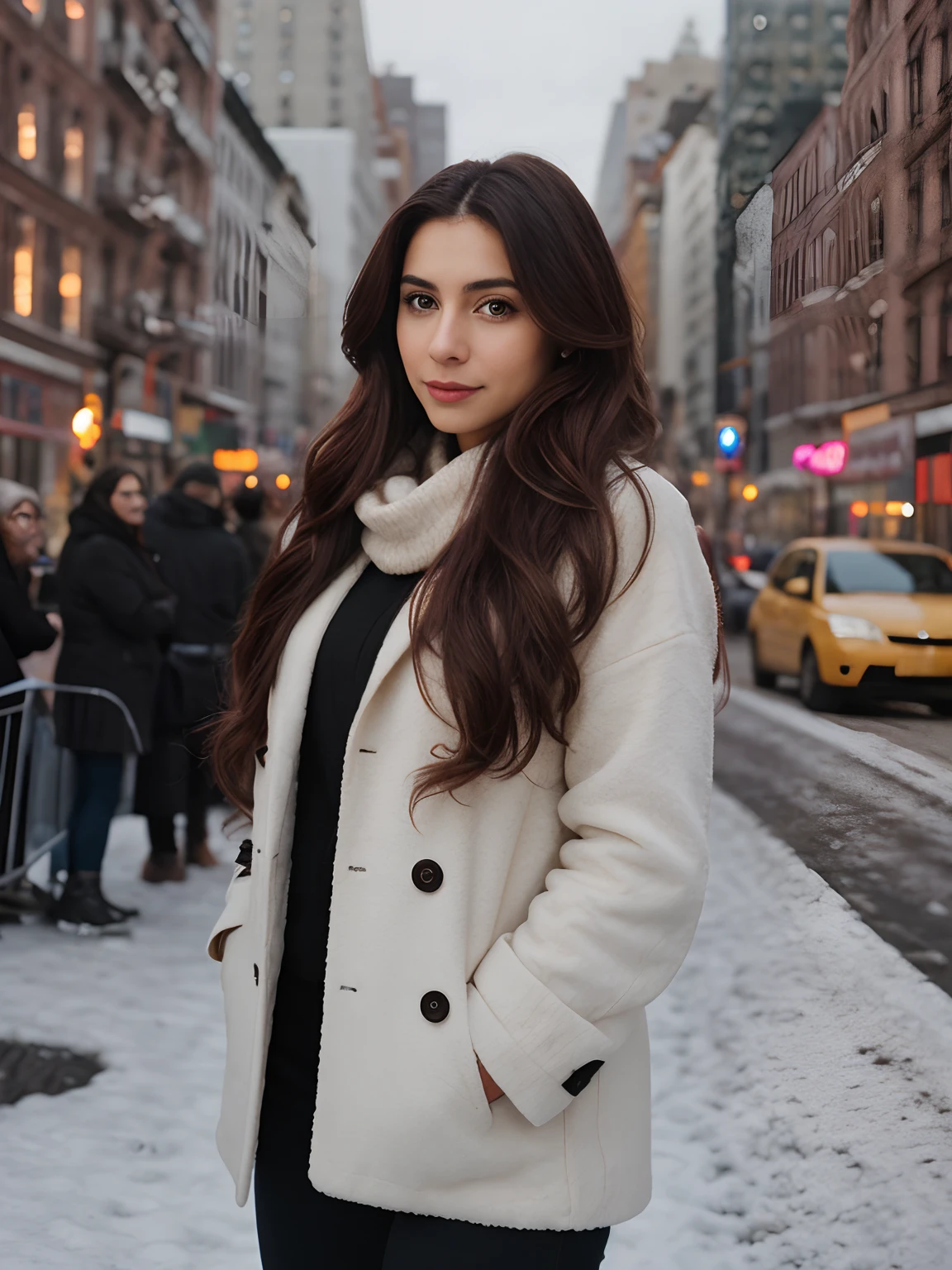 __hair color__, Latina woman, long hair, New York City background, winter, professional, 4K, HD, UHD, 8K, high detail, ultra definition