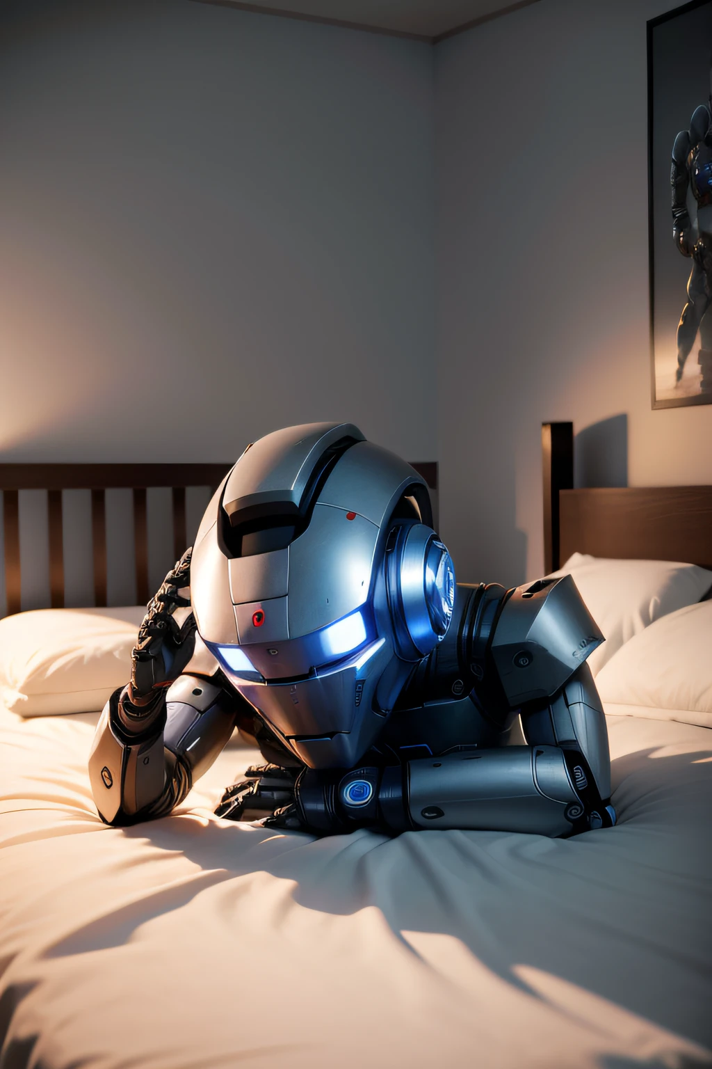 "Create an image of a robot in bed"