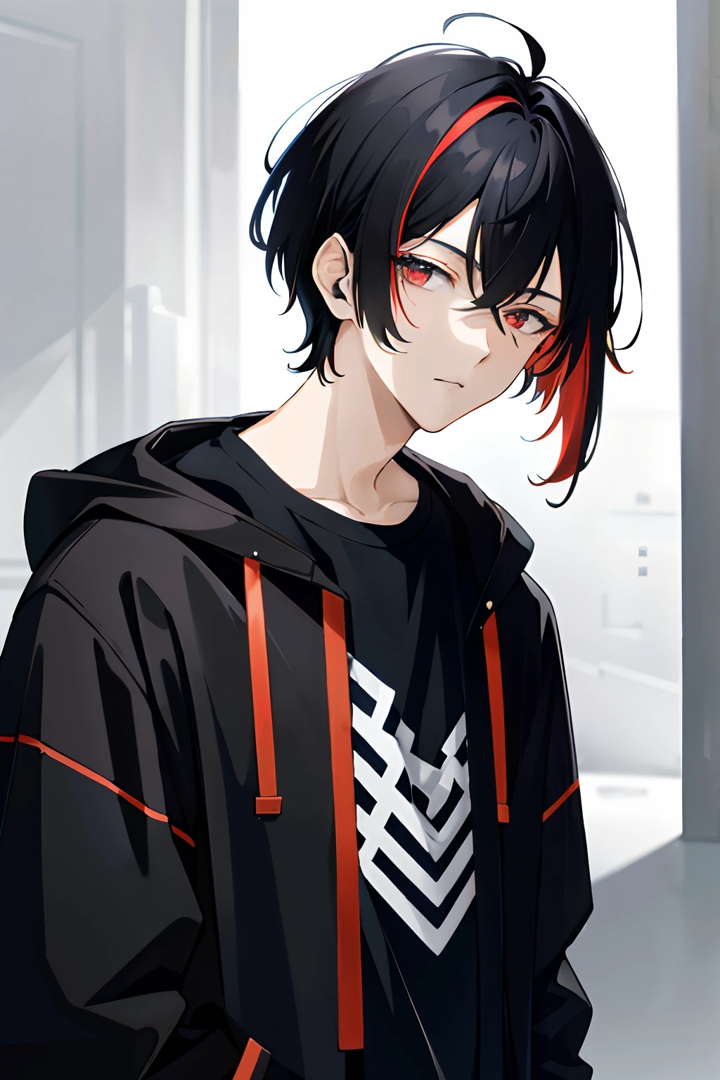 1 anime boy ,black hair, brown hair, multicolored hair, dark blue hair, asymmetrical hair, bangs, parted bangs, short hair, undercut, mole under eye, gradient eyes, red eyes, amber eyes, serious, Surrealism, anime, depth of field, cinematic lighting, 8k, super detail, masterpiece, anatomically correct, super detail, high details, high quality, award winning, best quality, highres, 8k, UHD