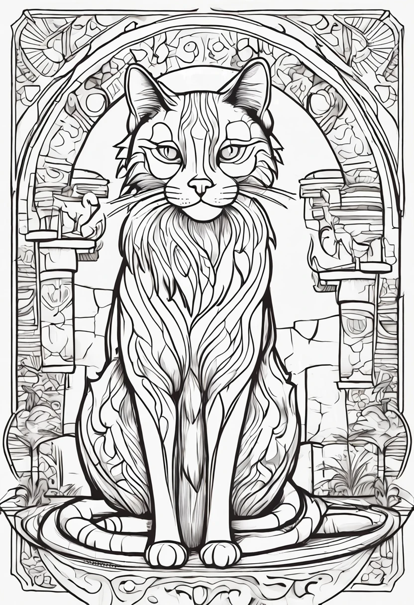 B/w Sketch Art for Kids coloring book page for coloring, linhas fortes, linhas em negrito, Kids coloring pages, Pintura colorida do gato vintage, Cat breed, sob muros de uma cidade, belos detalhes. Egyptian cat style, Saltar, Sketch style, full-body animations (((((fundo branco))))), Use only the outline, estilo dos desenhos animados, arte de linha, livro para colorir, Arte de linha limpa, fundo branco, Sketch style many of the buttons watercolor style Sketch sketch