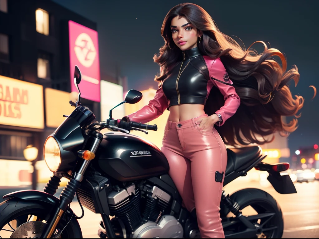 A brown skin girl with long hair, standing in front of a motorcycle 🏍️💨 in the city, sparkling simple make up, sparkling eyes, sparkling lips, sparkling, sparkling pink, sparkling black, a tall girl, high heel, wearing a trouser, night vision, flowers flying, hippie clothes, zoomed pictures