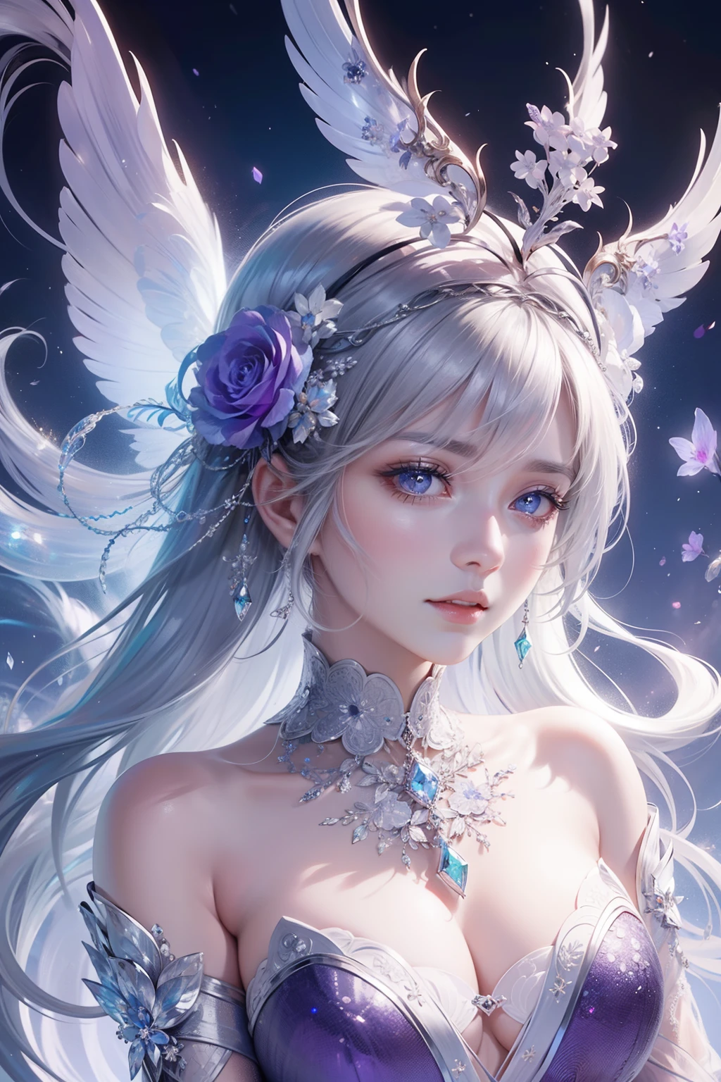 Cover your mouth and laugh,The hair is covered with beautiful and delicate floral craftsmanship, Crystal jewelry filigree,jewelry,Ultra-detailed details,Beautiful aristocratic girl,Gray hair is elegantly coiled,(((Silvertone))),(golden colored)。Blue and purple clear eyes,Purple ribbon