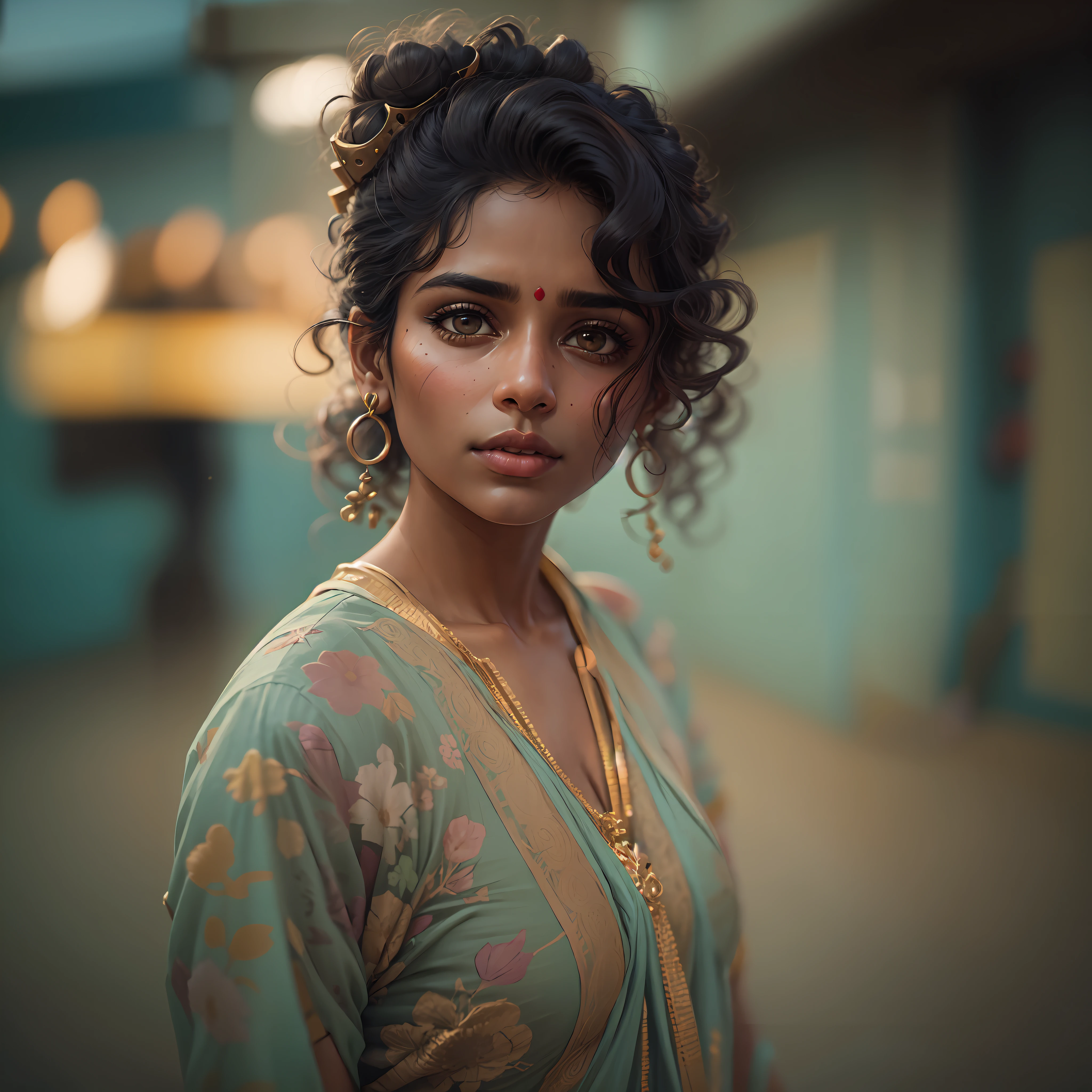 portrait of a Indian woman with curly hair styled in a messy bun, cute, matte photography, brown skin, soft lighting, ambient mood, stunning and clean photography, kodak film, leica, Dune aesthetics inspired, Metropolis inspired, Oleg Oprisco and Todd Hido --ar 5:8 --s 450 --v 5.2