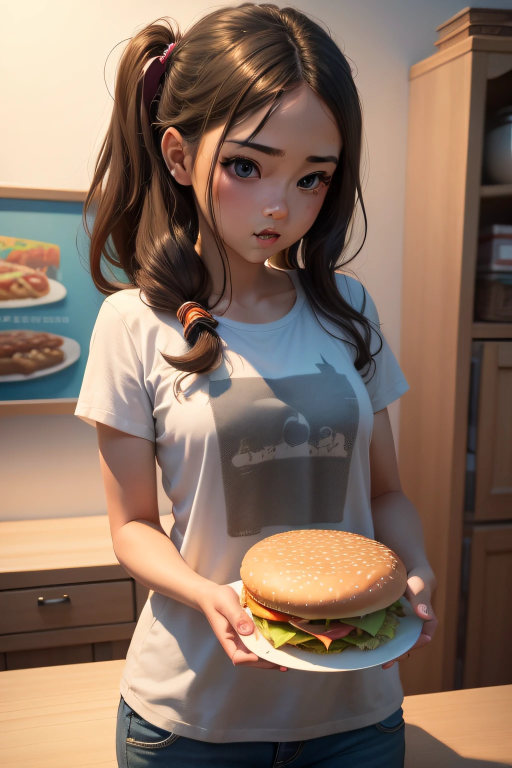 description: Make a girl
Features: She's hungry
Scenario: Disney Drawing Type
Share: She's eating hamburger
Quality: Pixar, 3D, Disney