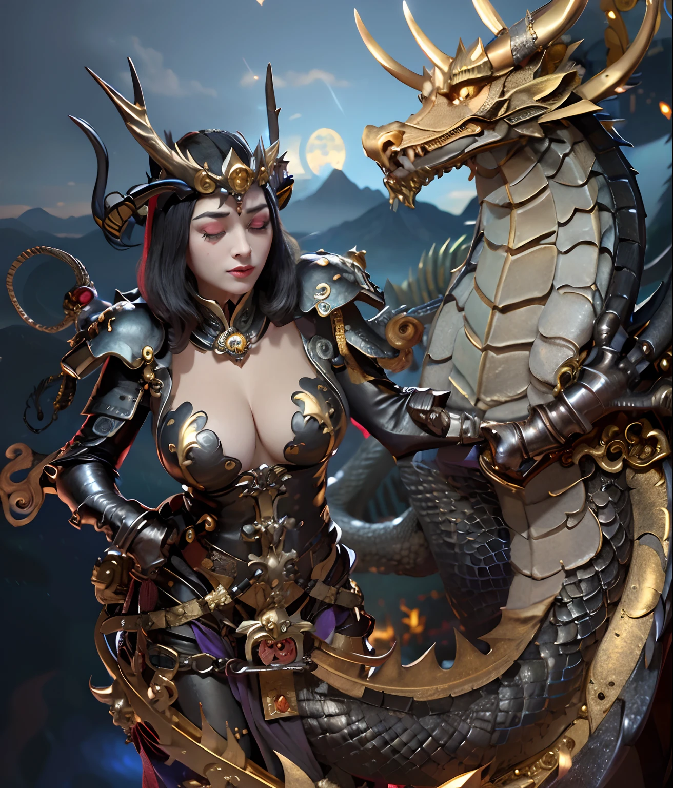 Professional , masterpiece、top-quality、photos realistic , depth of fields (Gemstone Black Metal Body:1.9),(Enamel Black、(cleavage of the breast)、(Chinese Dragon)、Dragon Gold Weapon(Dragon Metal Body:1.4),Gorgeous gold weapons ,(( Dragon's dense and gorgeous sword)) , 、blood splashing、 ,warhammer 40k , adepta sororitas,Detail and gorgeous crown、((Brown hair))、(The dragon)、(Castle background)、The dragon、((Gangle's forest background))、Beautiful Caucasian beauty、(1a person)、dynamic ungle,(((Detailed and ornate Black Devil Crown)))、Smaller head、A smile、Castle background、Thin and beautiful female hands、cleavage of the breast、Mystical expression、Light Effects、Wind-effect、magic circles、With the legendary magic wand、(demonic wings)、Toostock、Look at viewers、