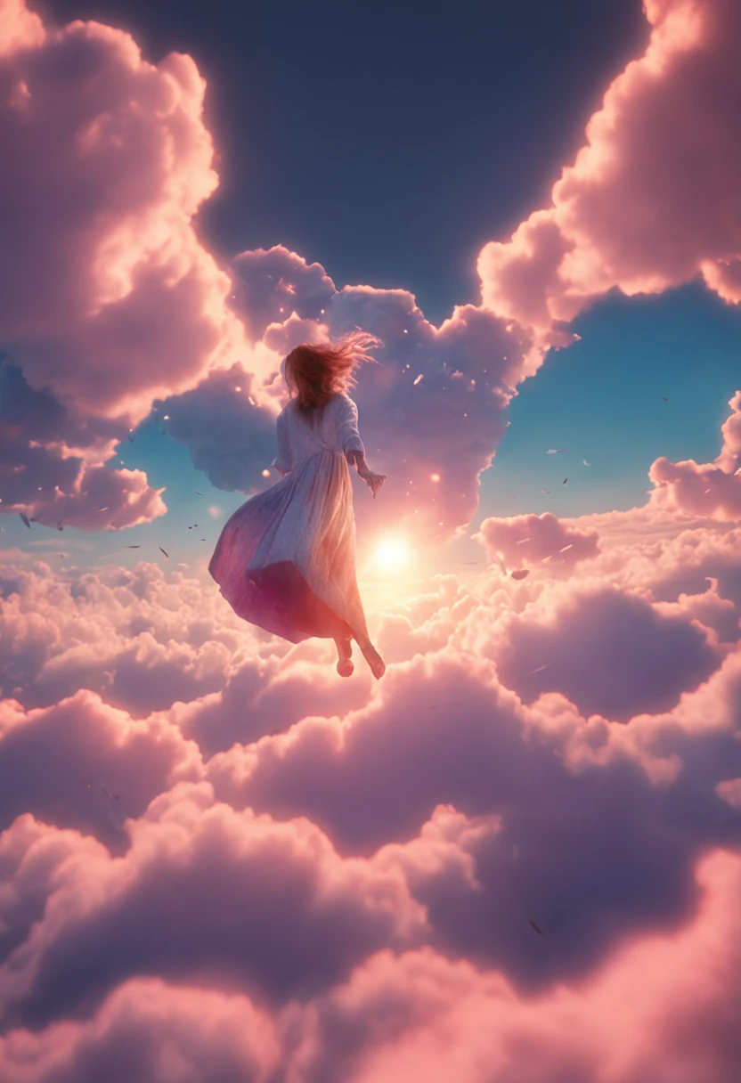 masterpiece, best quality, movie still, 1girl, cloud girl, floating in the sky, close-up, bright, happy, warm soft lighting, sunset, (sparks:0.7)