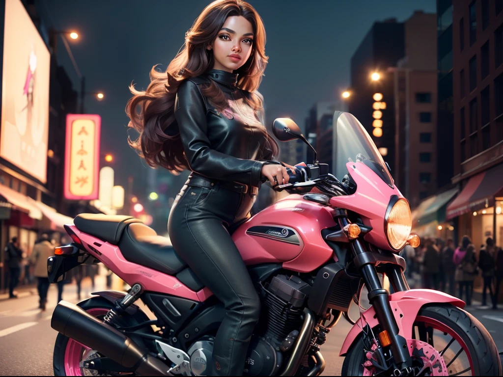 A brown skin girl with long hair, standing in front of a motorcycle 🏍️💨 in the city, sparkling simple make up, sparkling eyes, sparkling lips, sparkling, sparkling pink, sparkling black, a tall girl, high heel, wearing a trouser, night vision, flowers flying, hippie clothes, zoomed pictures
