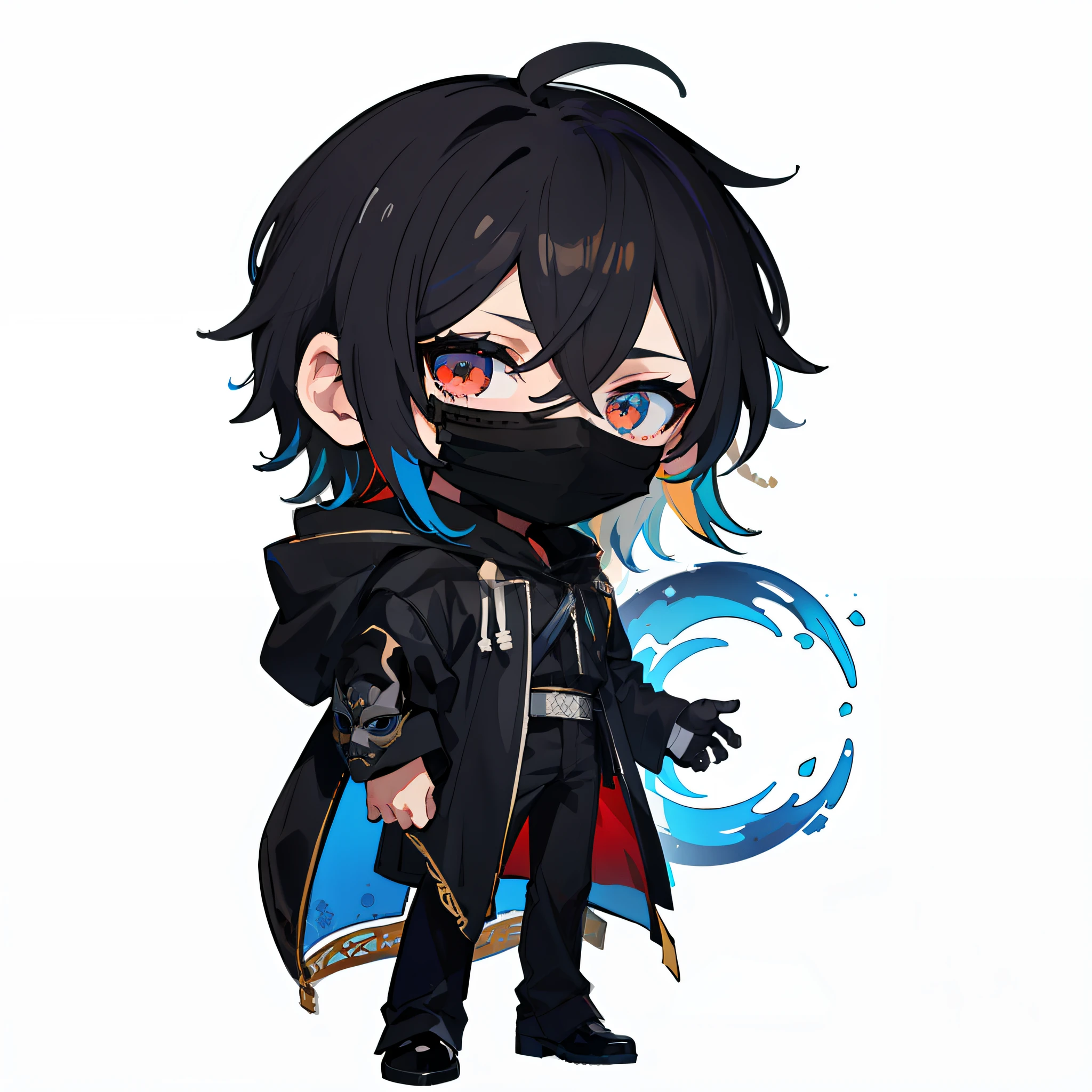 1boy, (Chibi:1.4), man, cute, adorable, cool, full body, color illustration,(black mask:1.2), black hood, (hooded:1.2), simple attire, black attire, white background, plain background, (best quality, masterpiece:1.2), (intricate details:1.2)