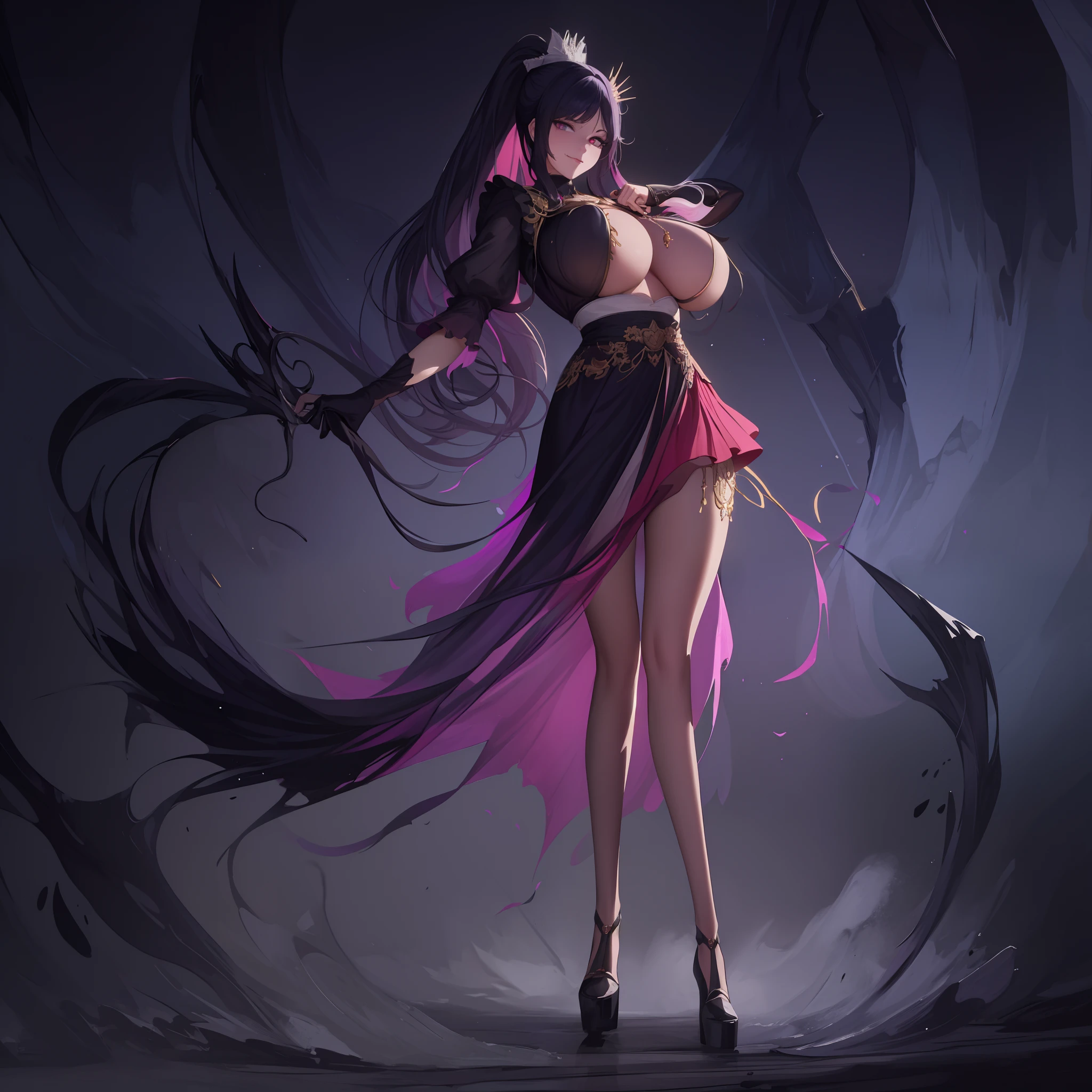 ((Anime Art Style)),(masutepiece),(Best Quality), (Super Detail),((Very delicate and beautiful)),Focus on character,Dynamic Angle,Looking at Viewer,((Solo)),Standing,(((Full body))),((Wicked cute little woman in voluminous skirt and gorgeous maid clothes)),Detailed face and eyes,(nefarious smirk),Eyes Like Gems,((Very Long voluminous Hair)),gorgeous embroidery and lace,See-through,ornate ruffles,Gorgeous jewelry ornaments,luxury hair ornament,luxury and evil tiara with jewels,(huge-breasted,Long breasts),Full body,((evil and dark atmosphere)),Full body,(((Voluminous skirt and gorgeous ponytail)))