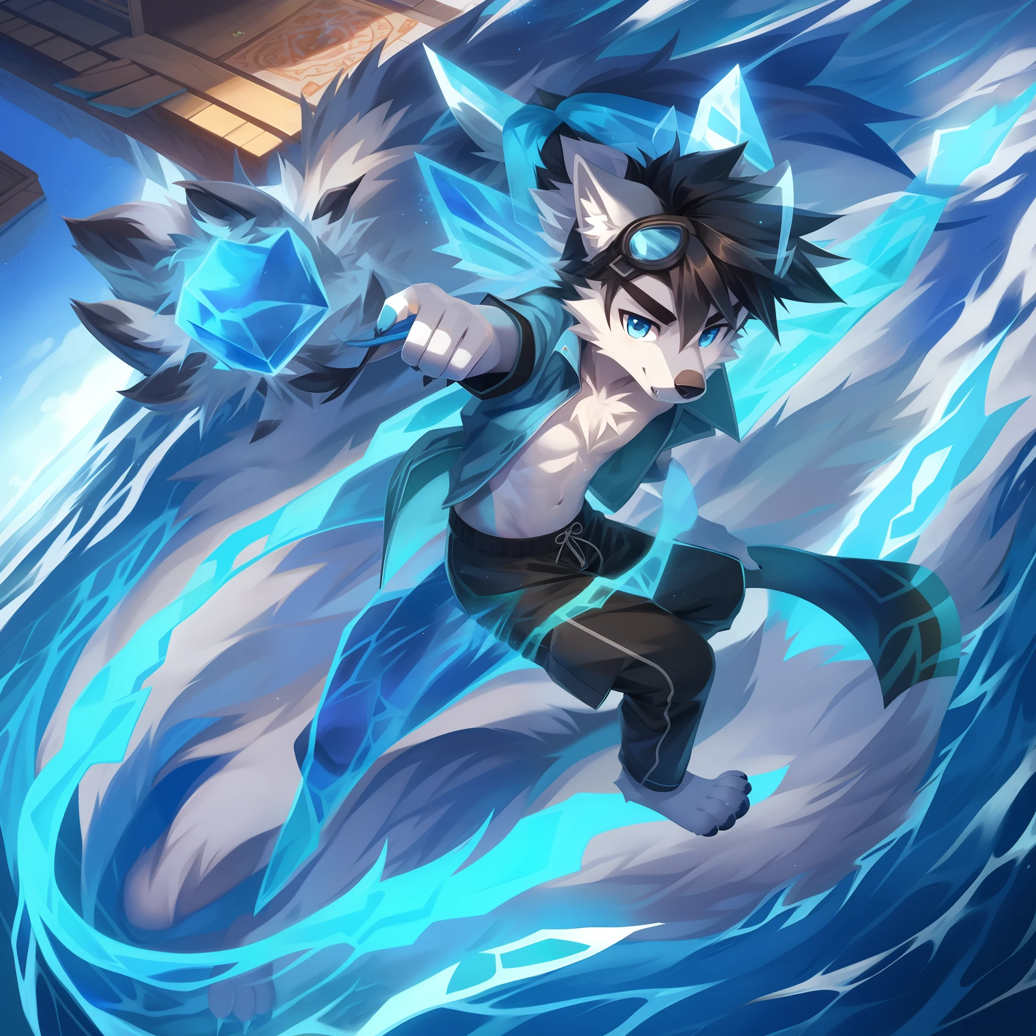 Small and furry boy,but with black cables and blue eyes