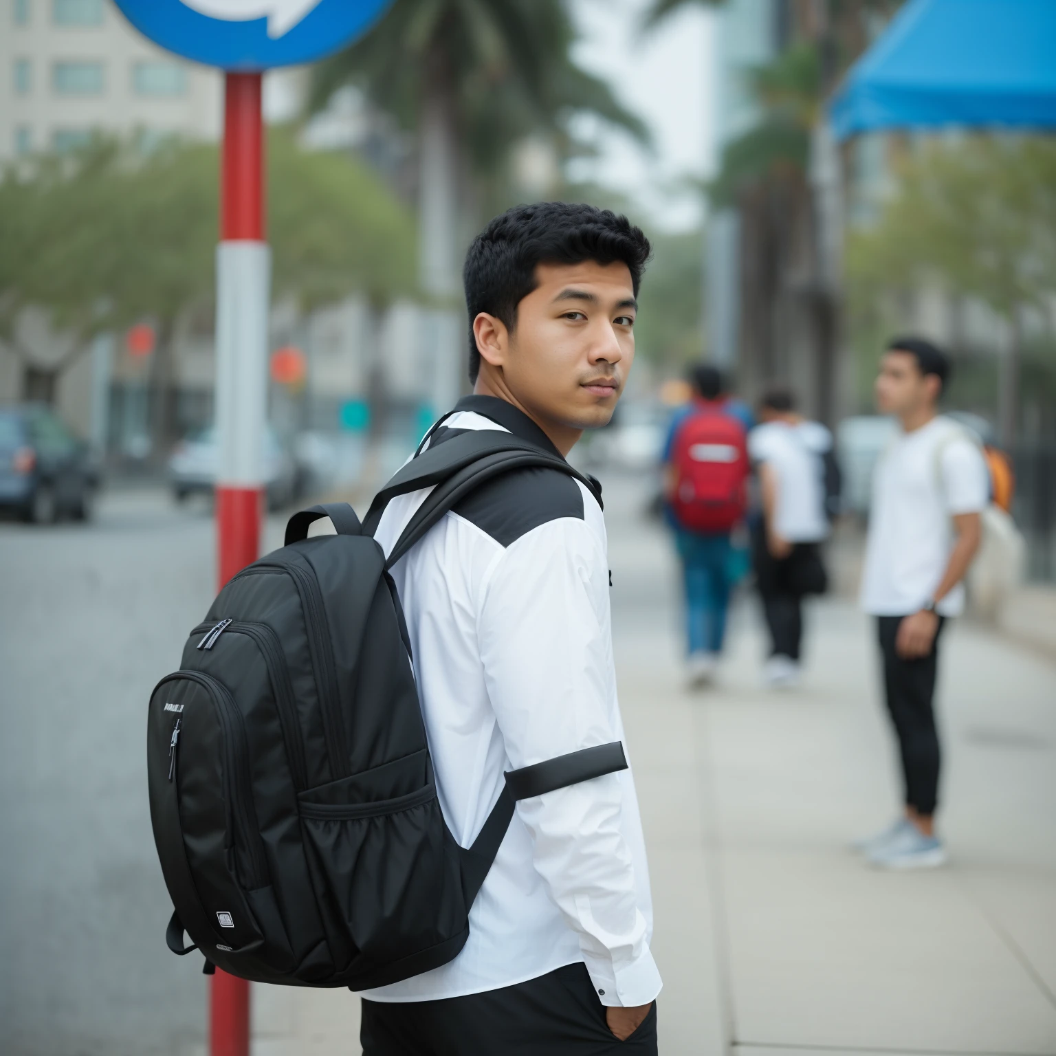 arafed male in a white shirt and black backpack standing on a sidewalk, with a backpack, student, in background, backpack, profile picture 1024px, a man wearing a backpack, taken with canon 8 0 d, damien tran, background blur, avatar image, profile shot, nivanh chanthara, the man have a backpack
