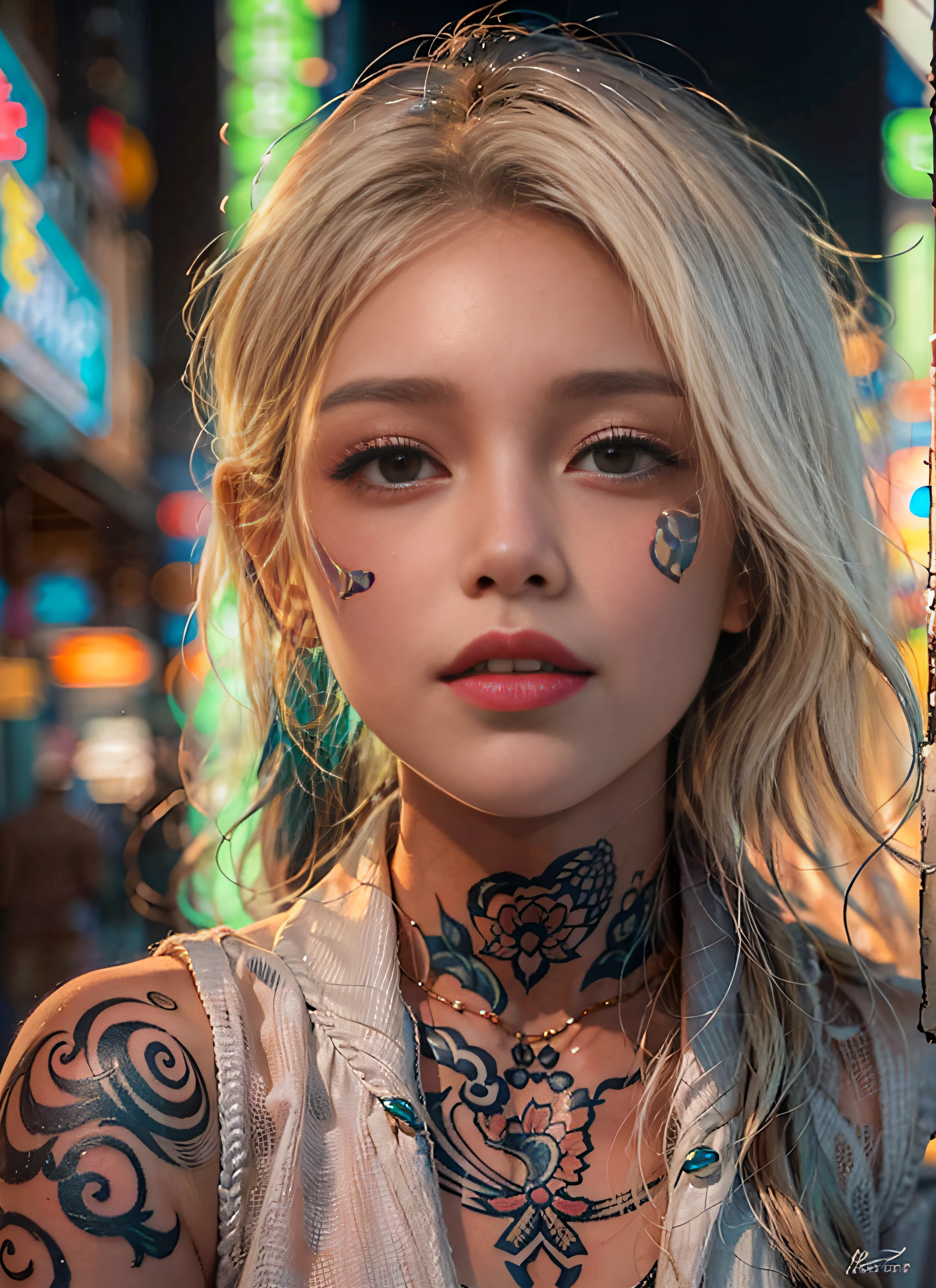 portrait photo ,photorealistic, high resolution, soft light,1women, solo, hips up, (detailed face),a woman with various tattoos and hair standing in neon city, colorful glowing lights around the background, blonde hair, close mouth, blush,