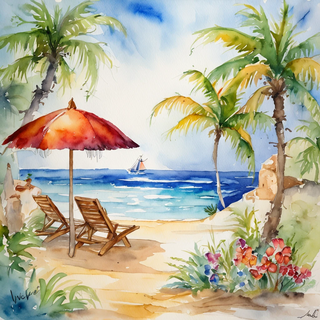 Make a watercolor painting of Miss Fortune on the beach wearing a bikini
