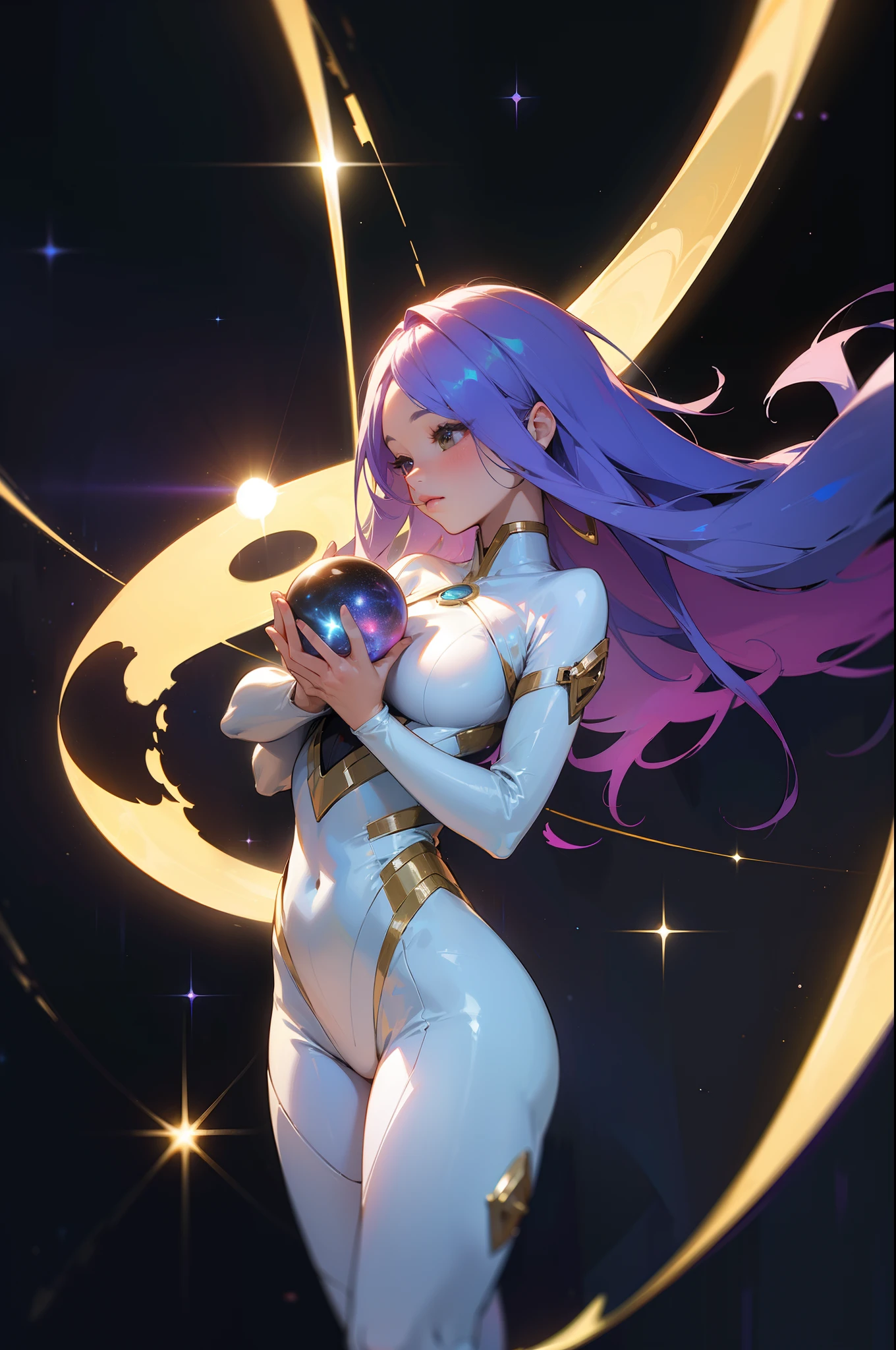((Ultra detailed, hyper realistic, high quality)), a beautiful galactic woman, shrouded in serenity, holding a galaxy in her arms and looking down on it gracefully.