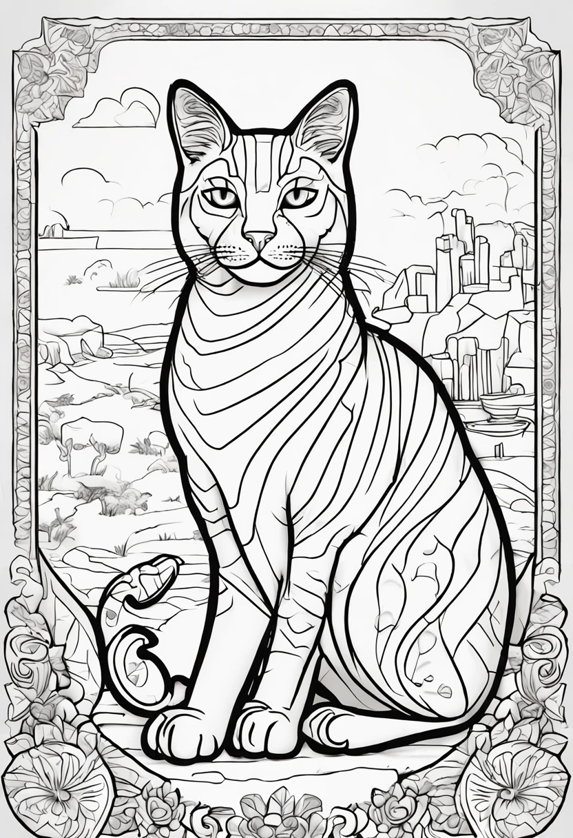 B/w Sketch Art for Kids coloring book page for coloring, Linhas fortes, linhas em negrito, Kids coloring pages, Pintura colorida do gato vintage, Cat breed, sob muros de uma cidade, belos detalhes. Egyptian cat style, Saltar, Sketch style, full-body animations (((((fundo branco))))), Use only the outline, estilo dos desenhos animados, arte de linha, livro para colorir, Arte de linha limpa, fundo branco, perfection, perfeito, sem erros, sem sujeiras, no pollution, grain-free, sem particulas, in blurs.