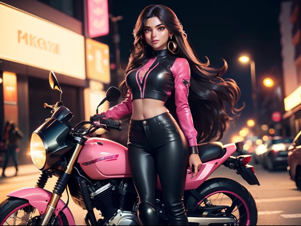 A brown skin girl with long hair, standing in front of a motorcycle 🏍️💨 in the city, sparkling simple make up, sparkling eyes, sparkling lips, sparkling, sparkling pink, sparkling black, a tall girl, high heel, wearing a trouser, night vision, flowers flying, hippie clothes, zoomed pictures