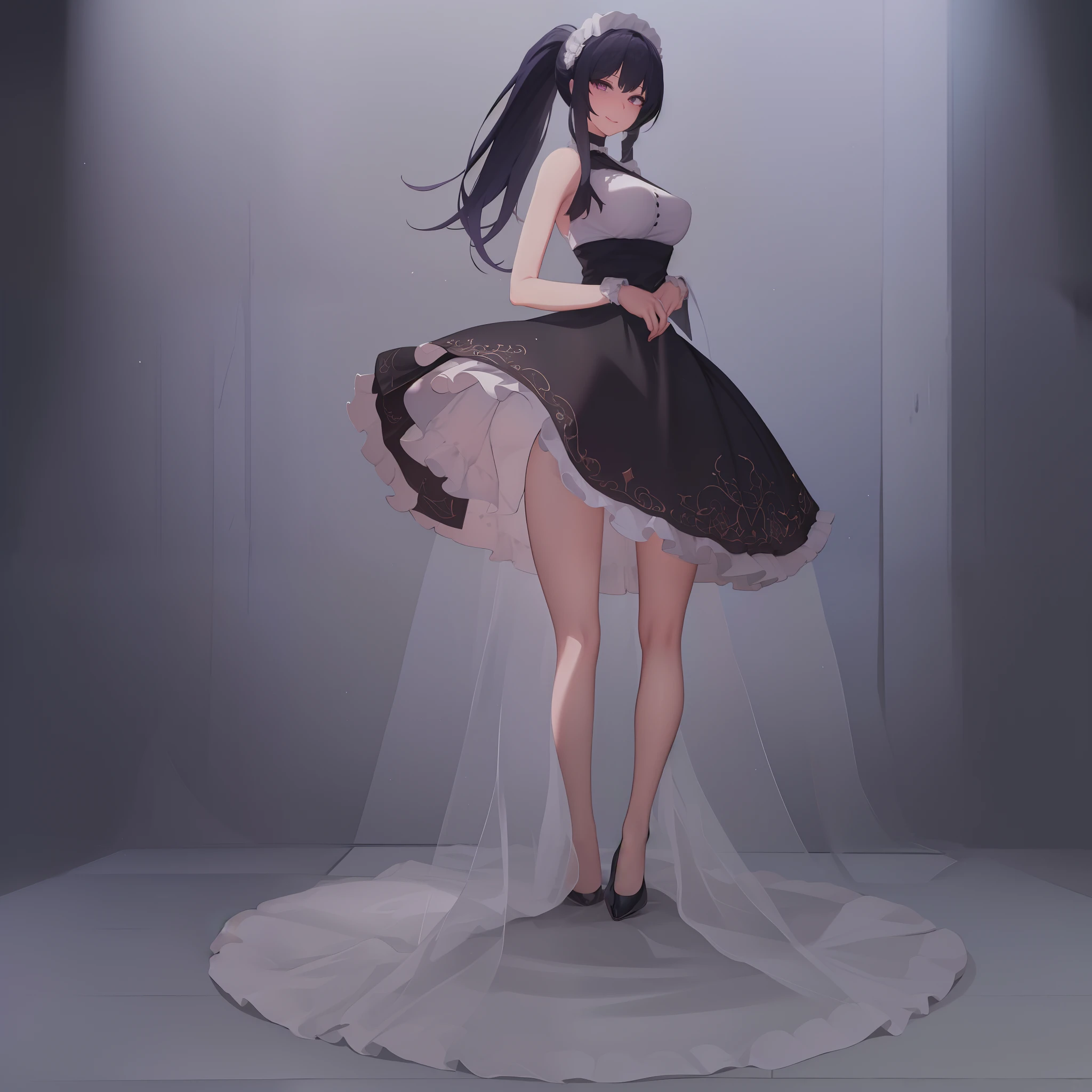 ((Anime Art Style)),(masutepiece),(Best Quality), (Super Detail),((Very delicate and beautiful)),Focus on character,Dynamic Angle,Looking at Viewer,((Solo)),Standing,(((Full body))),((Wicked cute little woman in voluminous skirt and gorgeous maid clothes)),Detailed face and eyes,(nefarious smirk),Eyes Like Gems,((Very Long voluminous Hair)),gorgeous embroidery and lace,See-through,ornate ruffles,Gorgeous jewelry ornaments,luxury hair ornament,luxury and evil tiara with jewels,(Small breasts,breasts),Full body,((evil and dark atmosphere)),Full body,(((Voluminous skirt and gorgeous huge ponytail)))