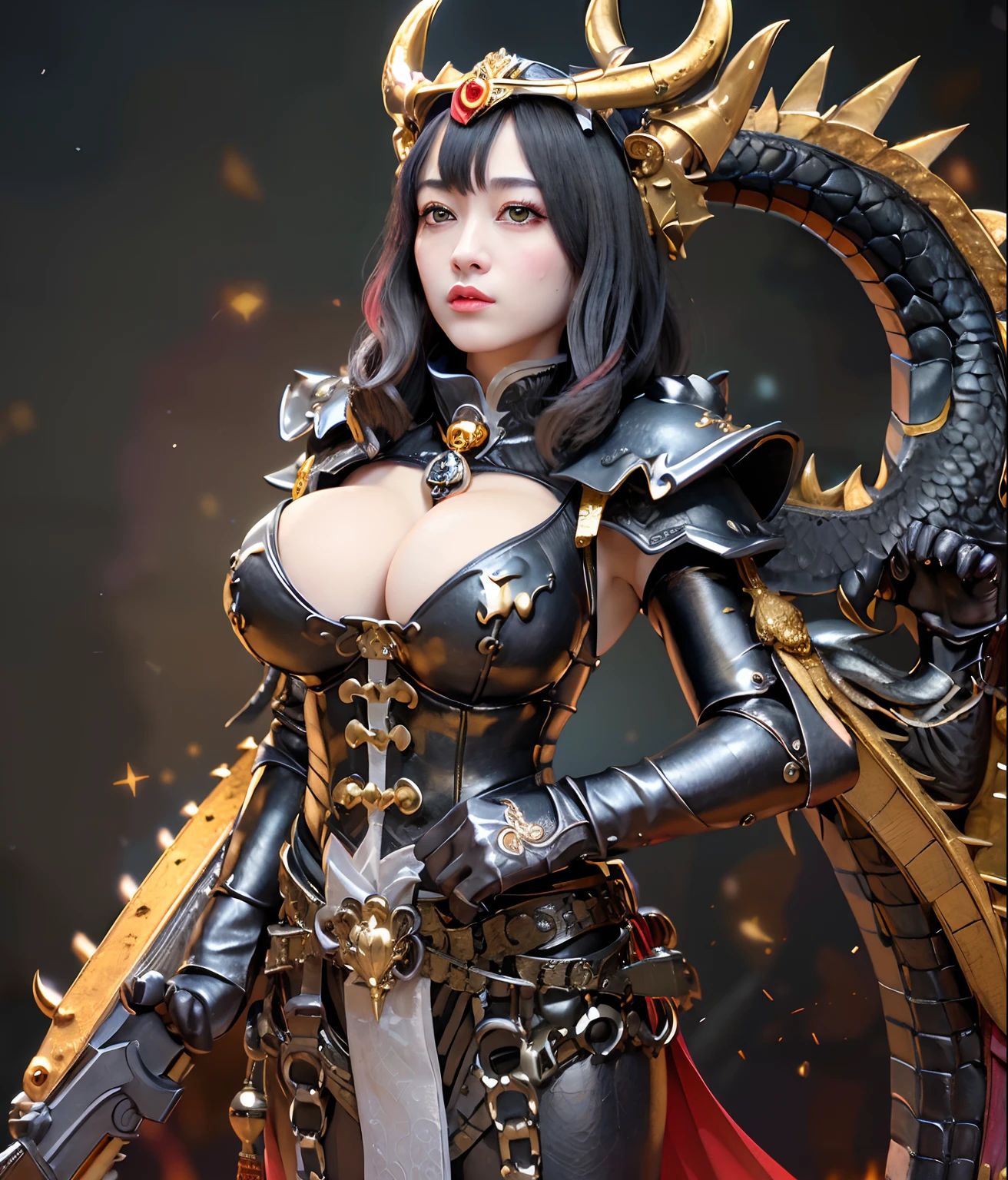 Professional , masterpiece、top-quality、photos realistic , depth of fields (Gemstone Black Metal Body:1.9),(Enamel Black、(cleavage of the breast)、(Chinese Dragon)、Dragon Gold Weapon(Dragon Metal Body:1.4),Gorgeous gold weapons ,(( Dragon's dense and gorgeous sword)) , 、blood splashing、 ,warhammer 40k , adepta sororitas,Detail and gorgeous crown、((Brown hair))、(The dragon)、(Castle background)、The dragon、((Gangle's forest background))、Beautiful Caucasian beauty、(1a person)、dynamic ungle,(((Detailed and ornate Black Devil Crown)))、Smaller head、A smile、Castle background、Thin and beautiful female hands、cleavage of the breast、Mystical expression、Light Effects、Wind-effect、magic circles、With the legendary magic wand、(demonic wings)、Toostock、Look at viewers、