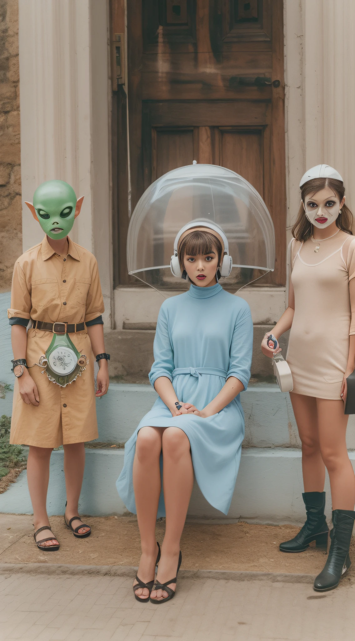 8k portrait of a 1960s science fiction film by Wes Anderson, em 1960, pastels colors, There are people wearing weird futuristic masks and wearing extravagant retro fashion outfits and men and women wearing alien makeup and old ornaments with mechanical pets in town, Luz Natural, Psicodelia, futurista estranho, fotorrealista, hiper detalhado, foco nítido, Intrinsic, Fuji filmes 55mm,