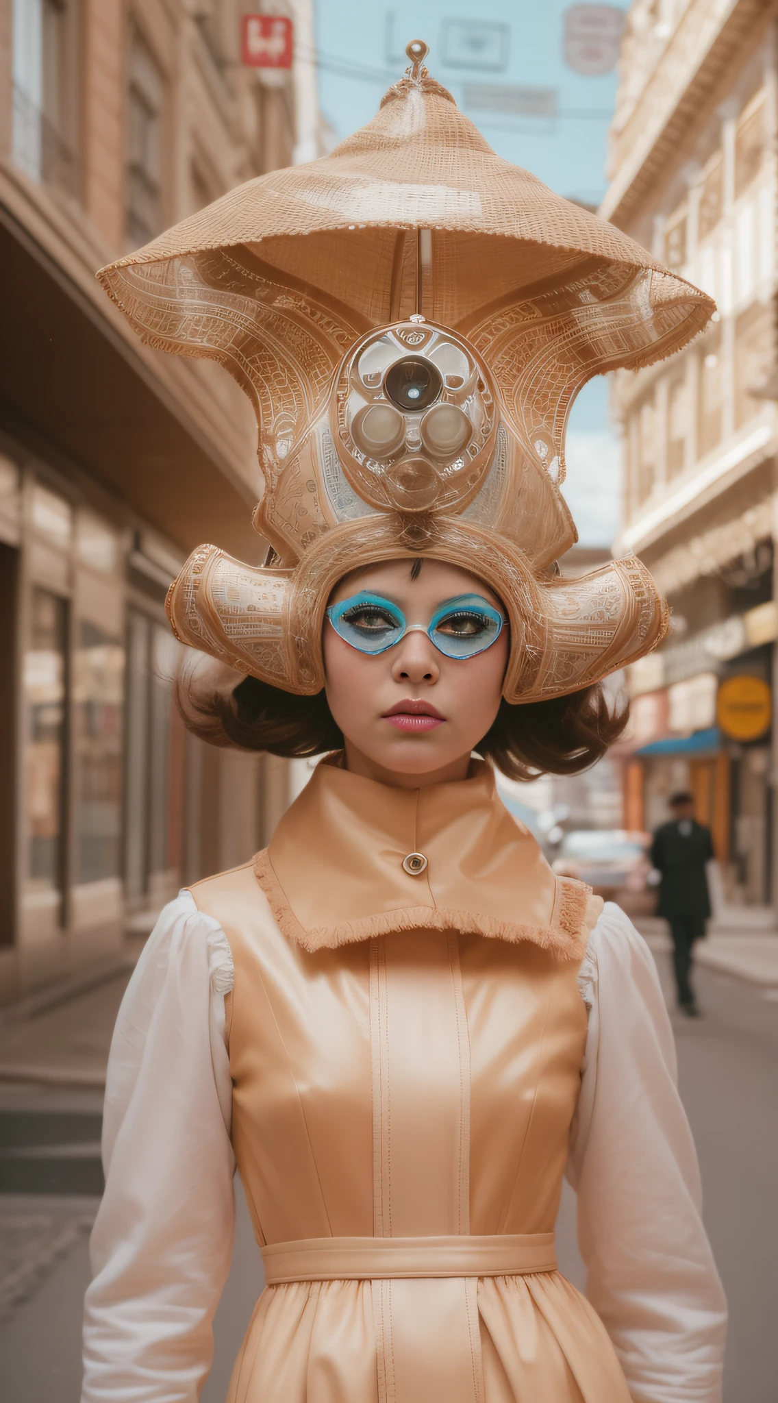 8k portrait of a 1960s science fiction film by Wes Anderson, em 1960, pastels colors, There are people wearing weird futuristic masks and wearing extravagant retro fashion outfits and men and women wearing alien makeup and old ornaments with mechanical pets in town, Luz Natural, Psicodelia, futurista estranho, fotorrealista, hiper detalhado, foco nítido, Intrinsic, Fuji filmes 55mm,