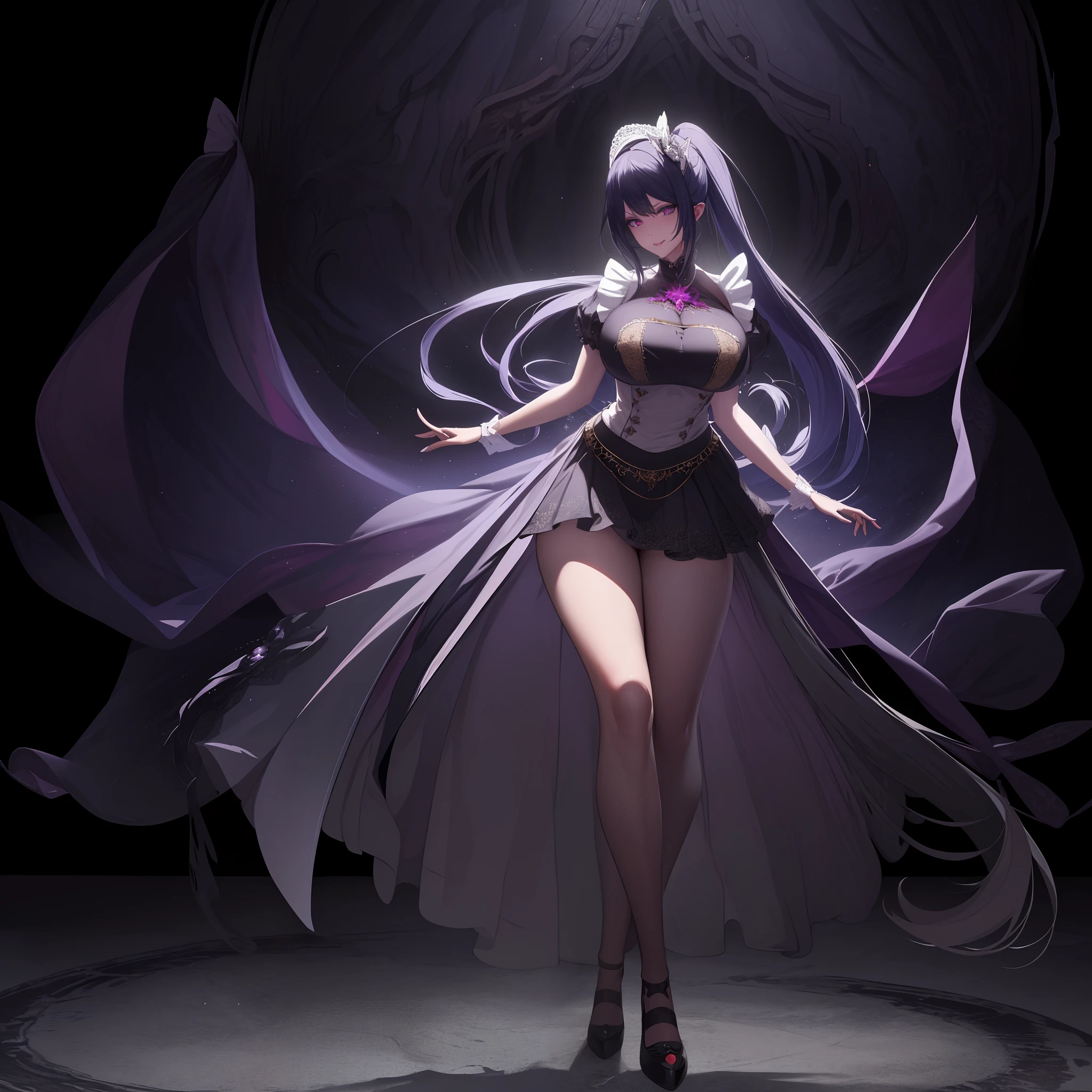 ((Anime Art Style)),(masutepiece),(Best Quality), (Super Detail),((Very delicate and beautiful)),Focus on character,Dynamic Angle,Looking at Viewer,((Solo)),Standing,(((Full body))),((Wicked cute little woman in voluminous skirt and gorgeous maid clothes)),Detailed face and eyes,(nefarious smirk),Eyes Like Gems,((Very Long voluminous Hair)),gorgeous embroidery and lace,See-through,ornate ruffles,Gorgeous jewelry ornaments,luxury hair ornament,luxury and evil tiara with jewels,(huge-breasted,Long breasts),Full body,((evil and dark atmosphere)),Full body,(((Voluminous skirt and gorgeous ponytail)))