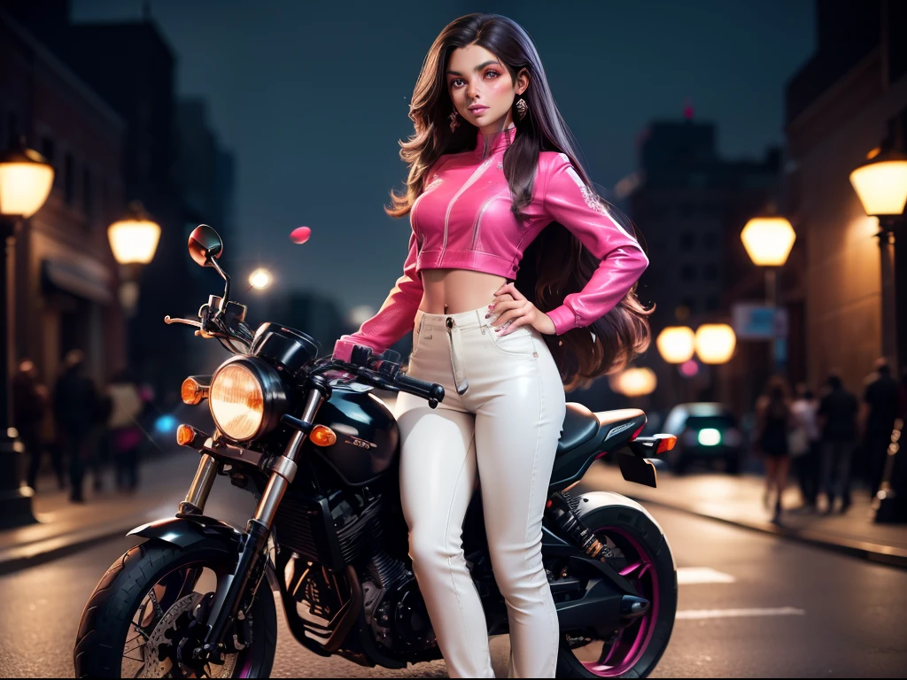 A brown skin girl with long hair, standing in front of a motorcycle 🏍️💨 in the city, sparkling simple make up, sparkling eyes, sparkling lips, sparkling, sparkling pink, sparkling black, a tall girl, high heel, wearing a trouser, night vision, flowers flying, hippie clothes, zoomed pictures