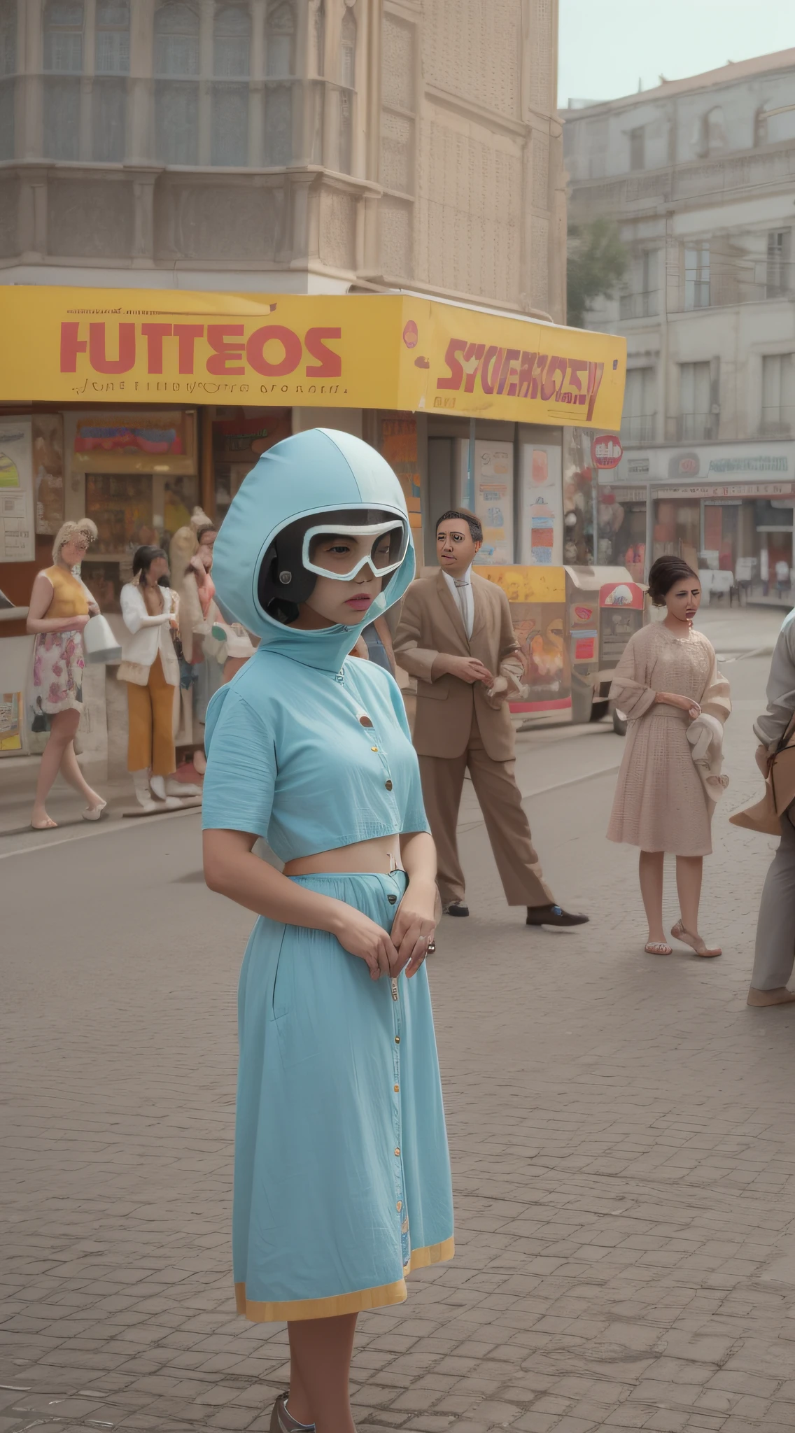 8k portrait of a 1960s science fiction film by Wes Anderson, em 1960, pastels colors, There are people wearing weird futuristic masks and wearing extravagant retro fashion outfits and men and women wearing alien makeup and old ornaments with mechanical pets in town, Luz Natural, Psicodelia, futurista estranho, fotorrealista, hiper detalhado, foco nítido, Intrinsic, Fuji filmes 55mm,