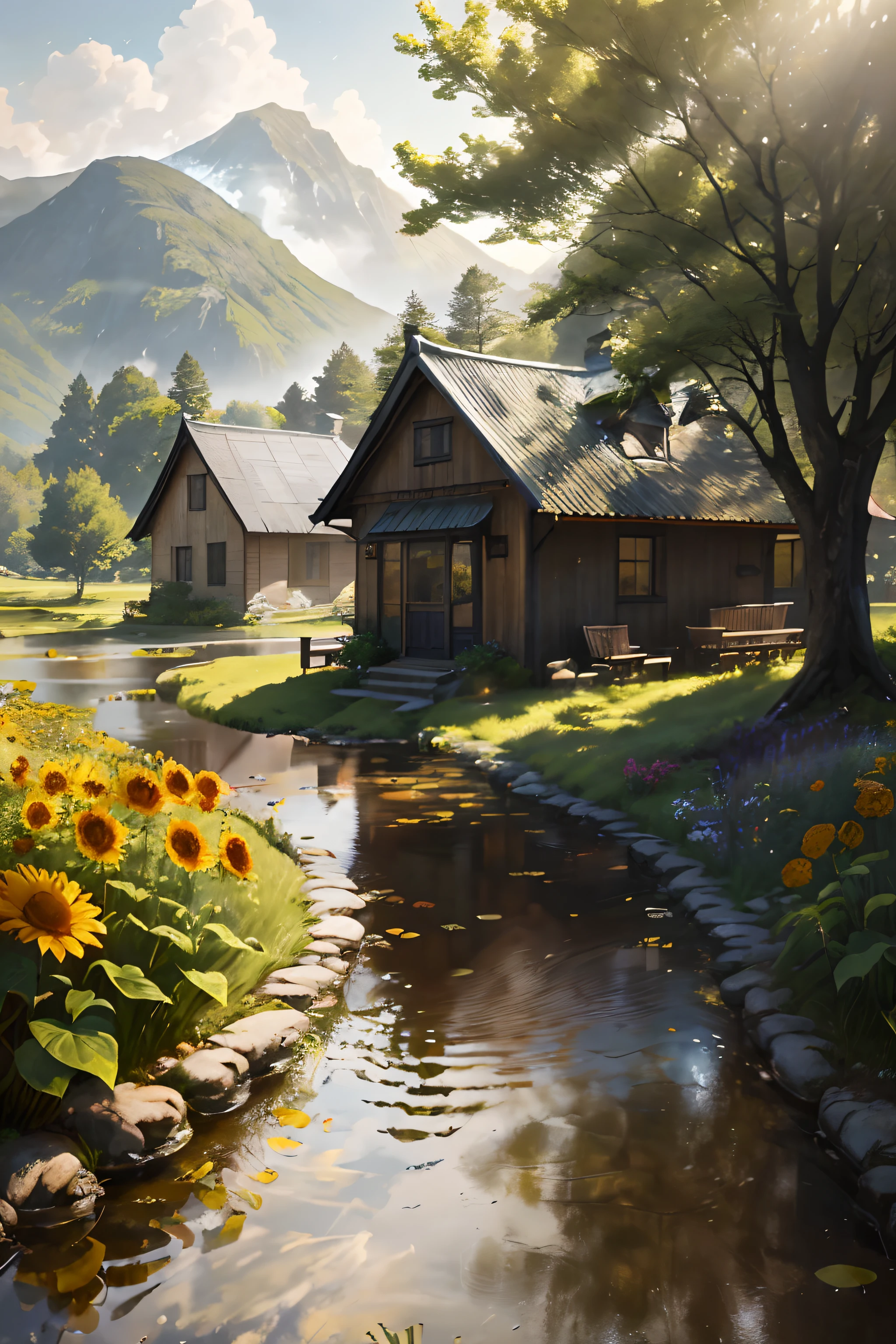Next to the pond there is a small house with a green roof, photorealistic landscapes, beautiful landscape rendering, beautiful detailed scene, author:hiyao miyazaki, photoreal render, beautiful artist rendering, at summer afternoon, realistic fantasy rendering, Realistic landscape, beautiful realistic photo, beautiful digital painting, idyllic cottage, Beautiful rendering, inspired by Evgeny Lushpin