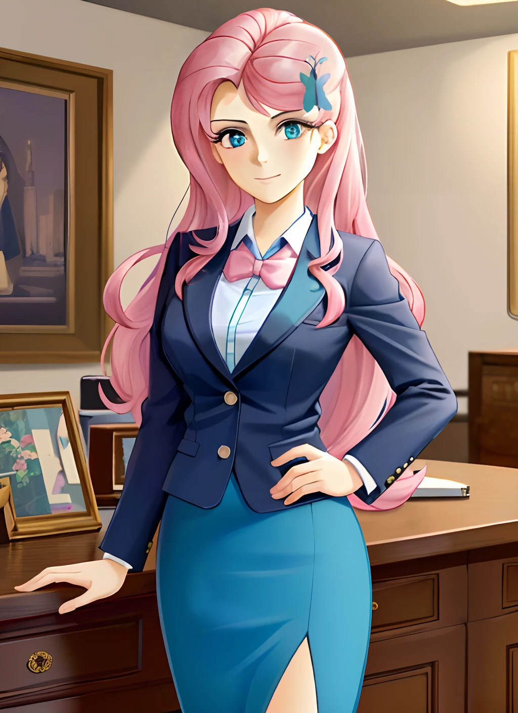 ((best quality)), ((highly detailed)), masterpiece, (detailed eyes, deep eyes), (1girl), dynamic angle, cowboy shot, mlpfluttershy, pink hair, hair ornament, blue eyes, business suit, blazer, pencil skirt, slight smile (beautiful office, afternoon)