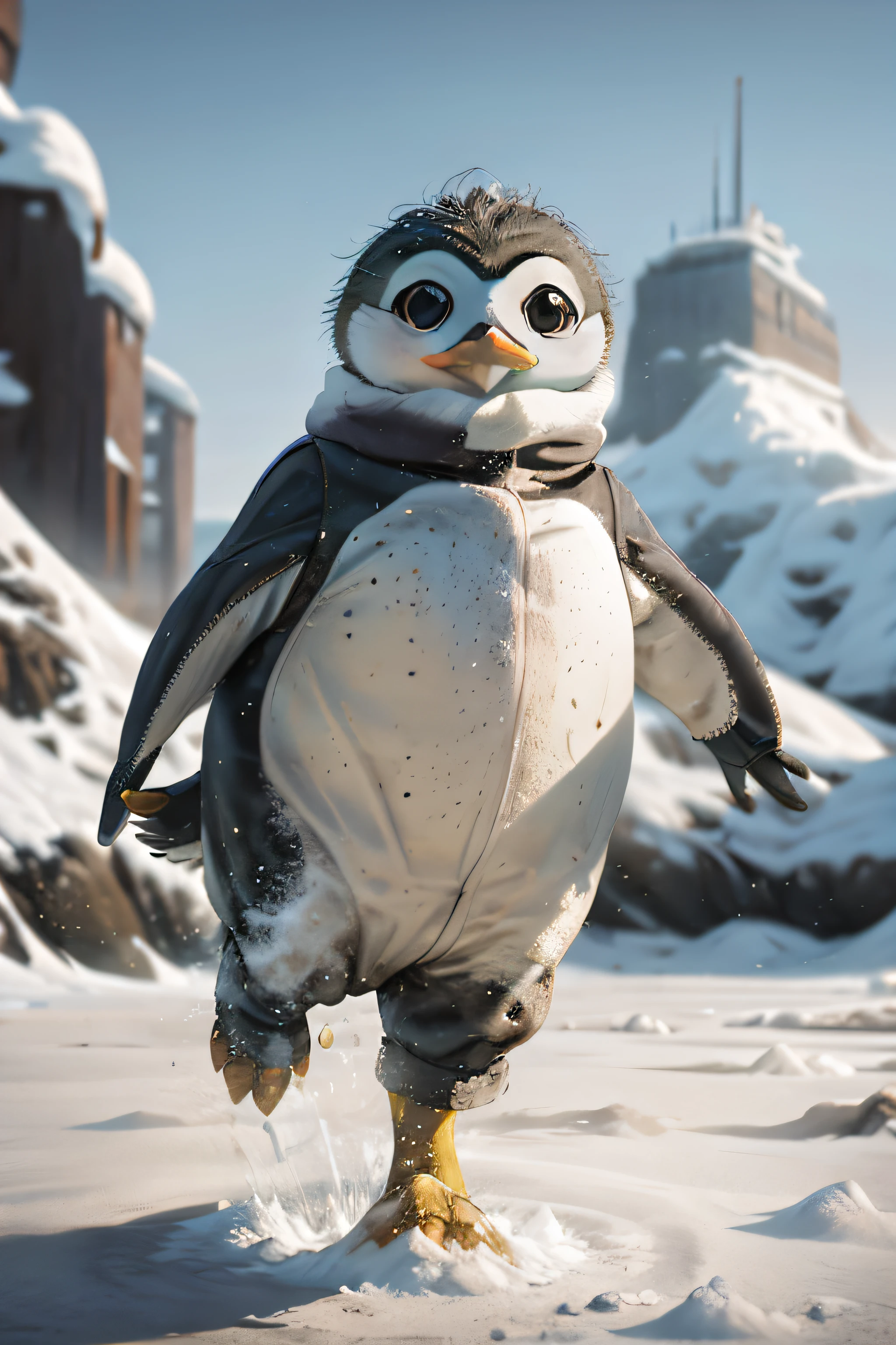 Pinguim andando na neve com montanhas ao fundo, Ativo Fat Penguin Unity, 3 d animated movie, anthropomorphic penguin, pinguim, pinguim gordo, pinguim, CGI premiado, pixar renderman render, filme ainda 8K, quadro do filme pixar, amazing cgi, pixar 8 k foto, c 4 d ", animation movie still, animated film, CGI realista