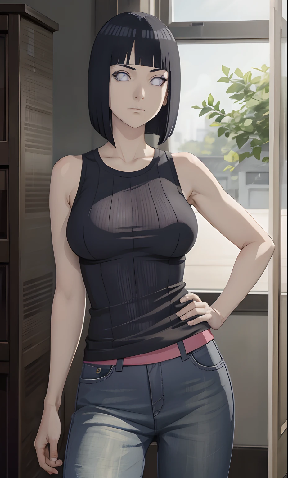 Hinata Hyuga,Meisterwerk, (Tanktop),Skinny Jeans, Seductive face, gute Beleuchtung, Ausschnitt, Kleine Details, Meisterwerk, Leuchtende Augen, 1girls, schwarzes Haar, im Gesicht, Glyzinien-Hintergrund, Meisterwerk, best quality, Half body, Erotik,big Breasts,