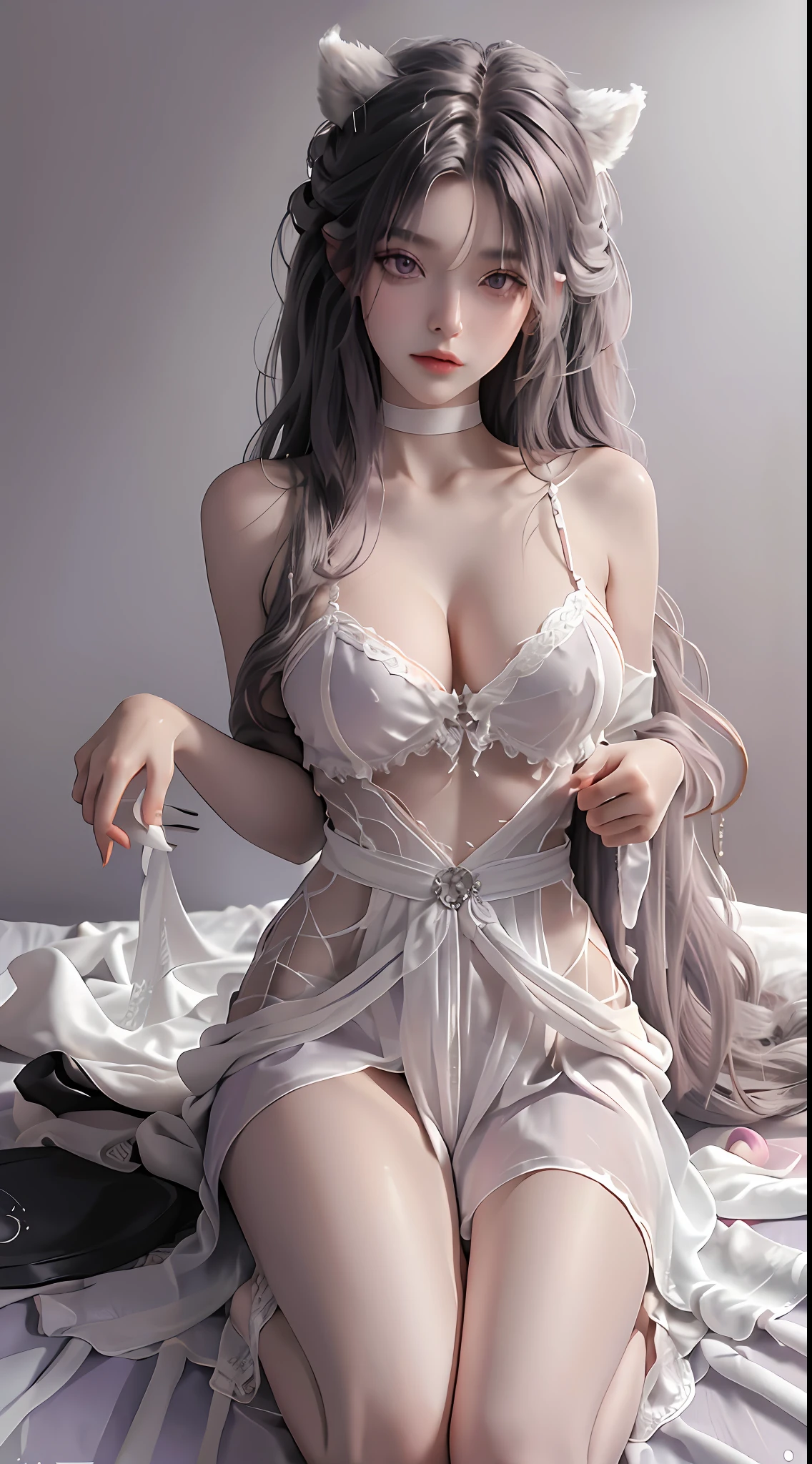 White background, 4K, Masterpiece, highres, absurdres, bare shoulder, bare thighs, fur , a woman wearing lace nightdress, kneeling on the bed, spread legs , light purple wavy hair, lust, lewd eyes, shy, shy look, seductive, sexy pose, very large boobs, ultra detail face