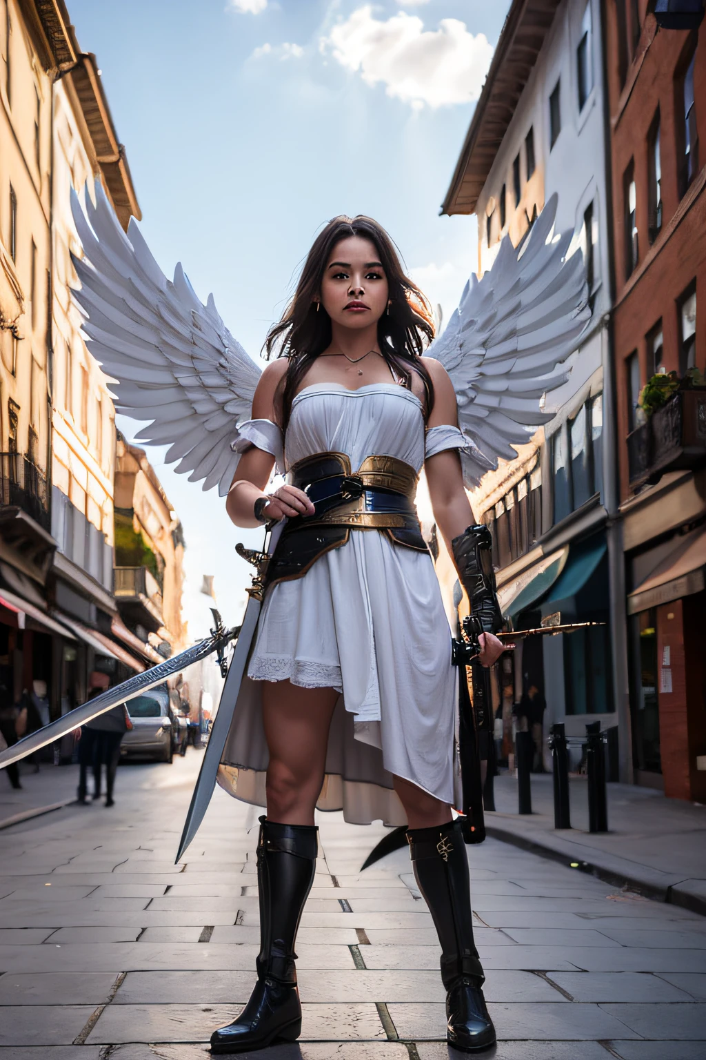 a beautiful angel, with a sword defending a person, on the street