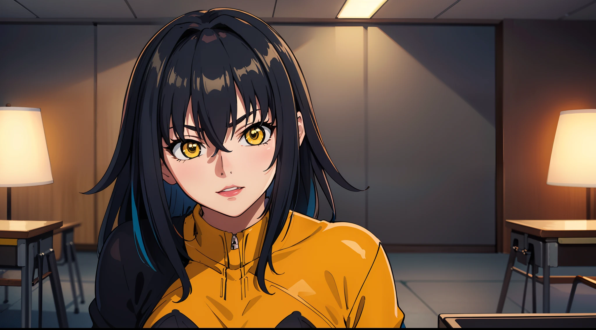 professional artwork, Intricate Details, field of view, sharp focus, detailed painting, photorealistic lighting, trending on pixiv,(masterpiece:1.0),(best_quality:1.0), ultra high res, ultra-detailed, photography, 8K, HDR, highres, absurdres:1.2, Kodak portra 400, film grain, sharp focus, bokeh:1.2, lens flare, (vibrant_color:1.2), (((indoors, office details))), Annerose, 1girl, female mature, black hair, long hair, (yellow eyes), ((leotard:1.4)), skin tight, hair intakes, (solo:1.4), (upper body, half body shot), seductive, (landscape dimension)