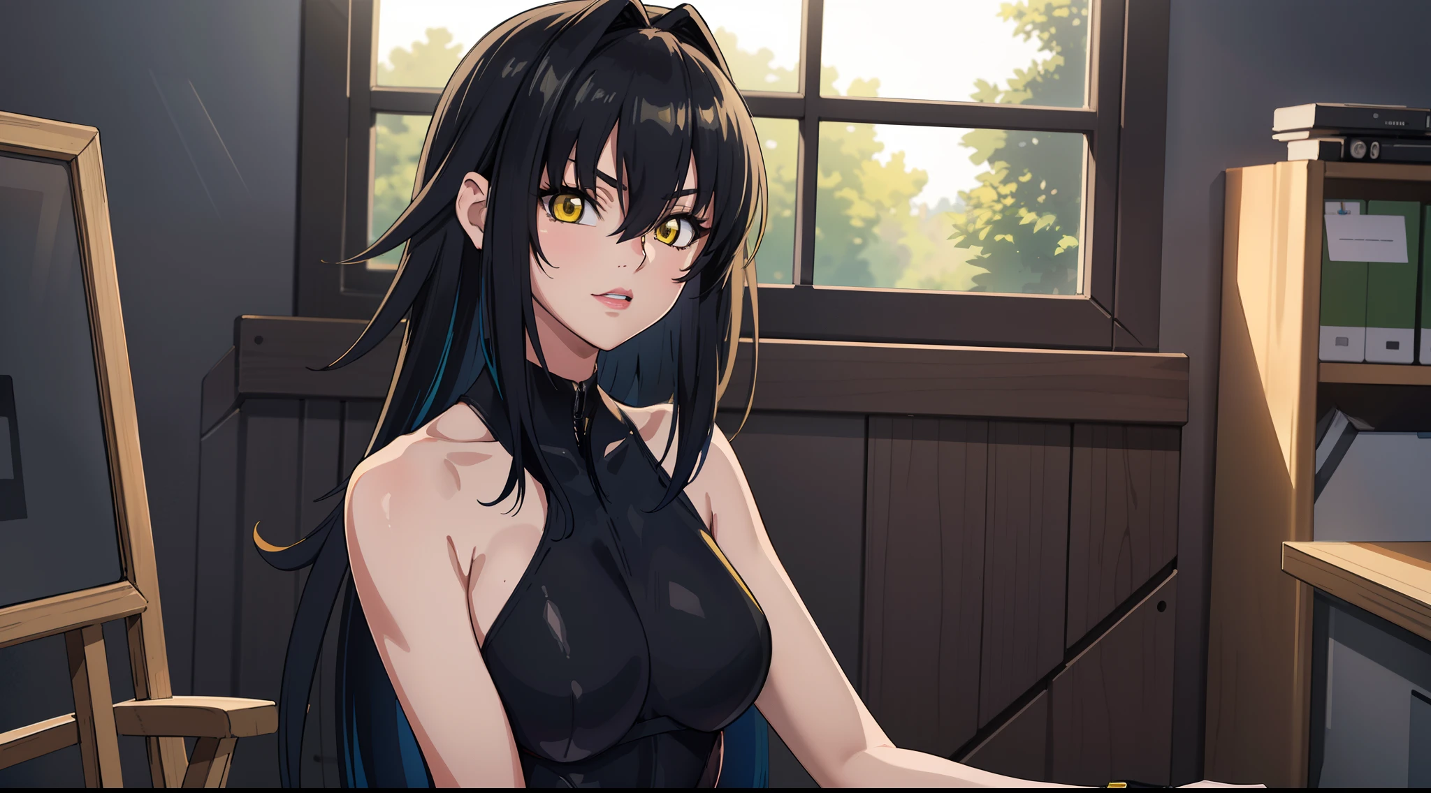 beautiful adult woman, masterpiece, best quality, 8k, ultrares, high quality, bent over, cleavage, (gentle light smile:1.1), stunning green eyes, thick thighs, wide hips, glowing eyes, (darkness:1.2), low_key_lighting, dimly_lit, moody, contrast, monochrome
