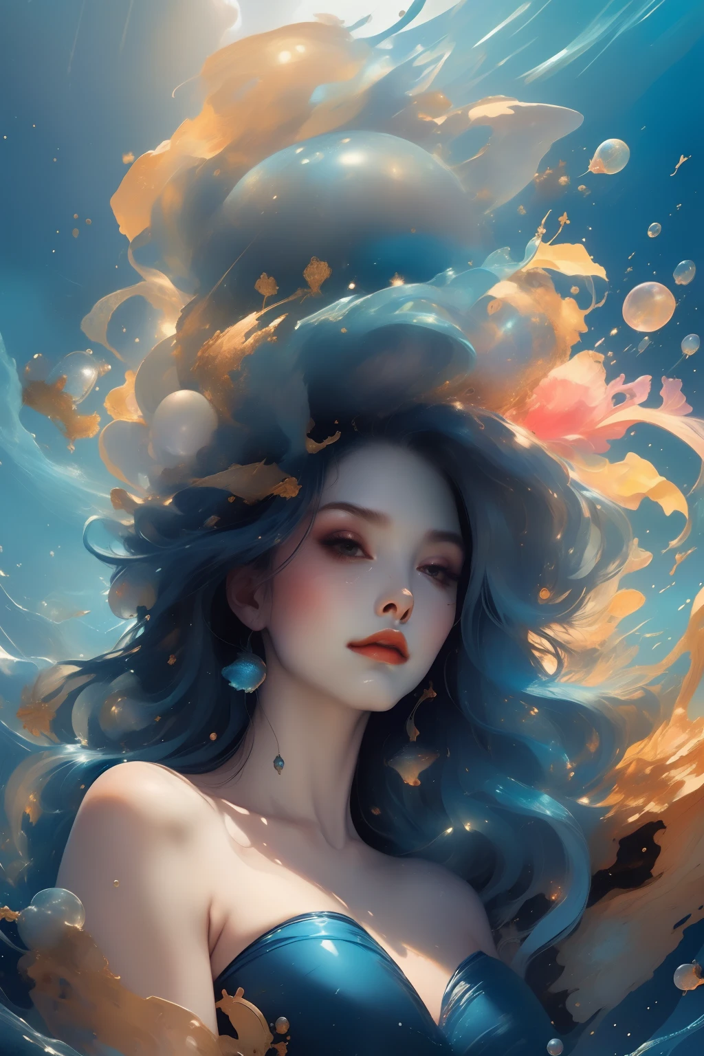 ((blue and navy color tone:1.3)) 1girl, solo,jellyfish filling up the ocean, millions of jellyfish, a girl swimming ((naked)) in the deep ocean surrounded by jellyfish, ((jellyfish)), deep black ocean,under the sea,(photorealistic:1.4), official art, unity 8k wallpaper, ultra detailed, beautiful and aesthetic, masterpiece,best quality, (dynamic angle:1.4), glowing skin, (floating colorful sparkles:1) the most beautiful form of chaos, elegant, a brutalist designed, vivid colours, romanticism, ultra wide angle,