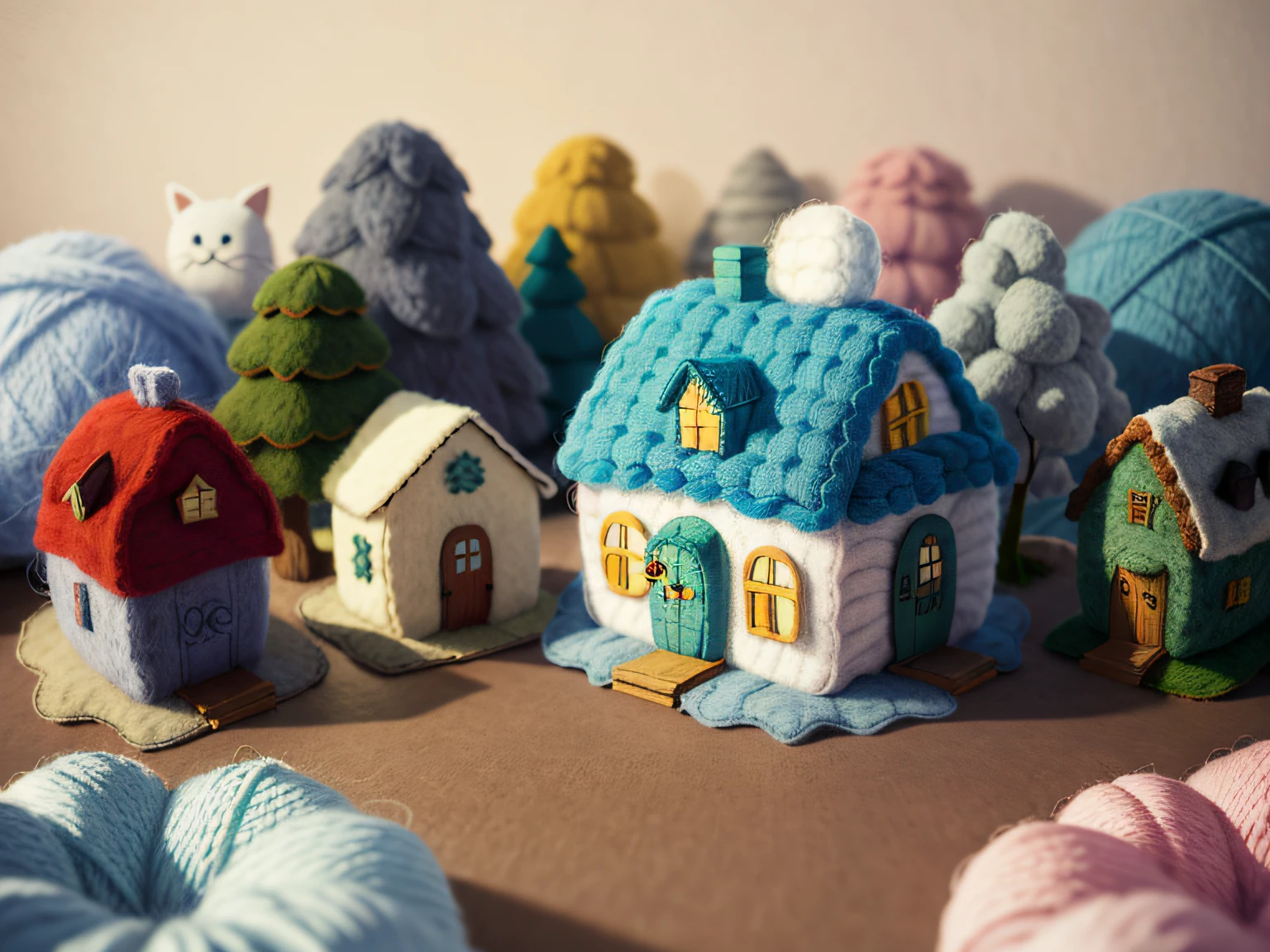 (Wool felt, woolen knitted fabric, Cute cartoon world), cottage, Flower House, Flowers, animals, Super cute, great lighting, Volume, John Klassen, Studio Ghibli Style, 80mm lens, large aperture, ....3d, Masterpiece, super detaill, Best Quality