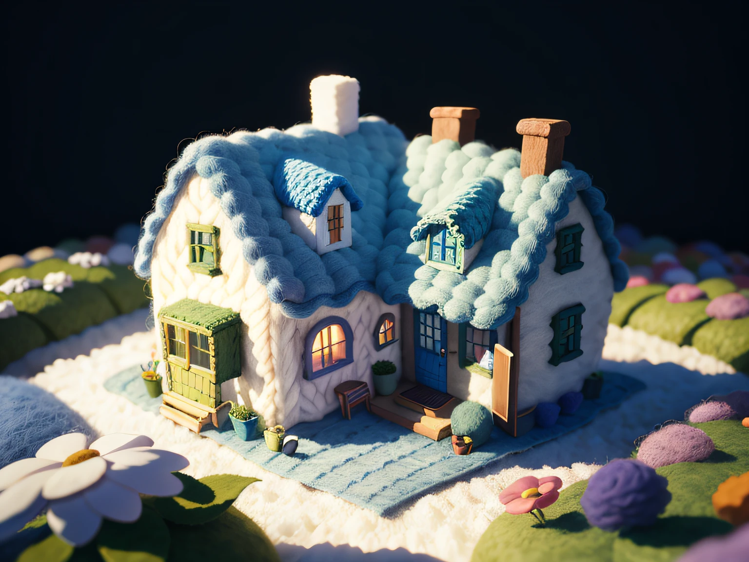 (Wool felt, woolen knitted fabric, Cute cartoon world), cottage, Flower House, Flowers, animals, Super cute, great lighting, Volume, John Klassen, Studio Ghibli Style, 80mm lens, large aperture, ....3d, Masterpiece, super detaill, Best Quality