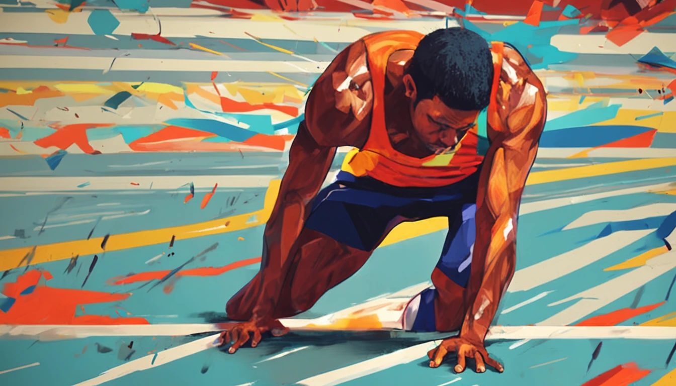 pintura abstrata de um homem atleta triste na pista de atletismo