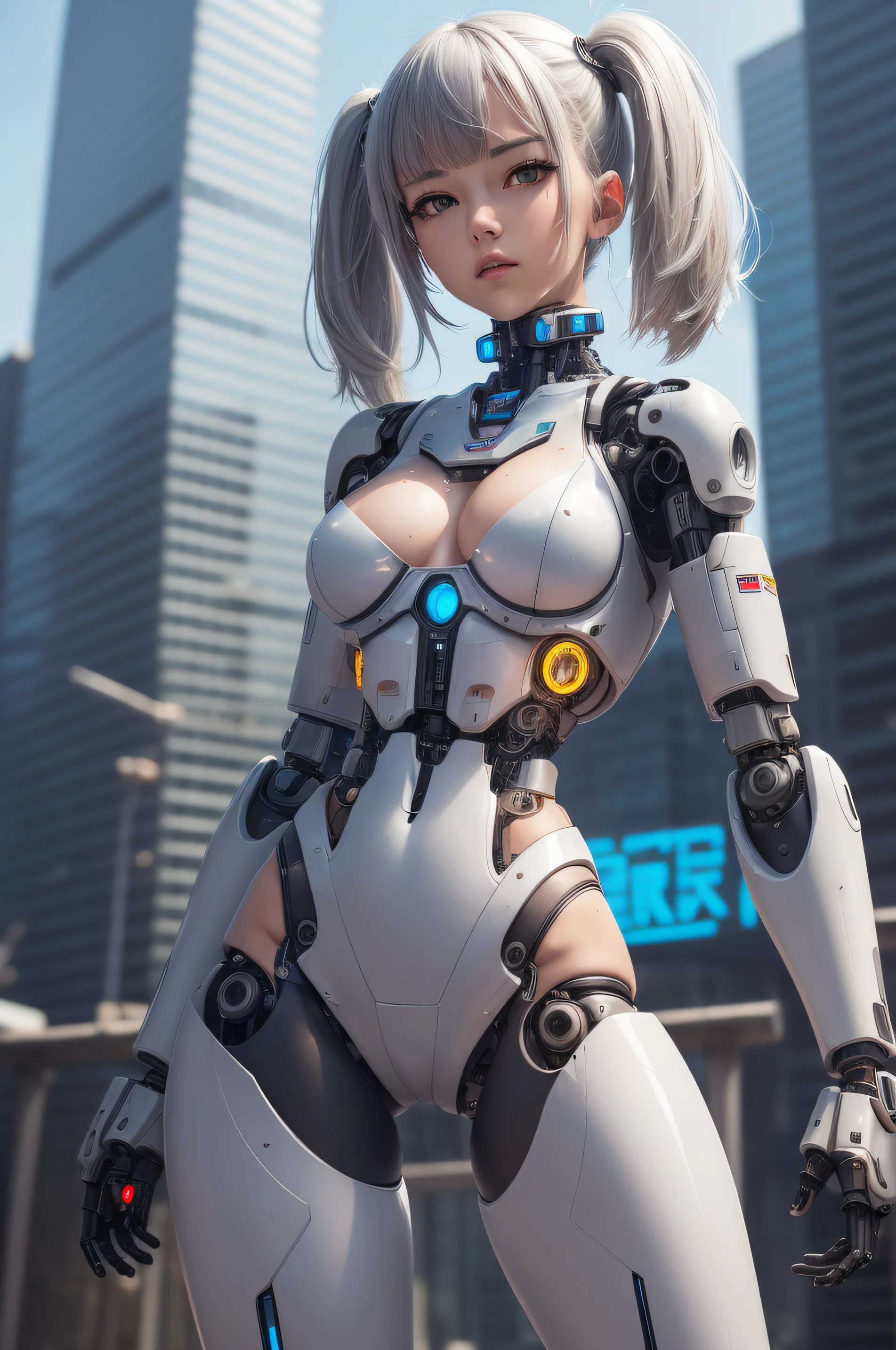 18year old, ((top-quality)), ((masterpiece)), (high-detail:1.3), (full body), (((front view))), Beautiful face (cyberpunked:1.3), ((Stylish woman in grey mech suit)), (((small breasts))), Slim waist, small buttocks, (Japanese beauty), superfine illustration, (white hair with bangs and twintails), (no bra!), ((barechested!), (no panties!), (pubic area is visible!), damaged skyscrapers!, (((cyborg body))), ((robot)), ((artificial legs)), ((tank)), (battle tank)), ((cyber warfare)), warzone