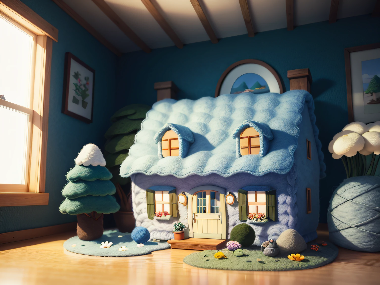 (Wool felt, woolen knitted fabric, Cute cartoon world), cottage, Flower House, Flowers, animals, Super cute, great lighting, Volume, John Klassen, Studio Ghibli Style, 80mm lens, large aperture, ....3d, Masterpiece, super detaill, Best Quality