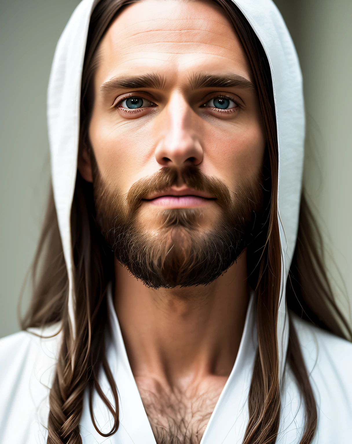 (symmetry),centered,a ((close)) up portrait,(Jesus),a very thin white man with long hair and a beard,wearing a long white robe,35mm,natural skin,clothes  detail, 8k texture, 8k, insane details, intricate details, hyperdetailedhighly detailed,realistic,soft cinematic light,HDR,sharp focus, ((((cinematic look)))),intricate, elegant, highly detailed