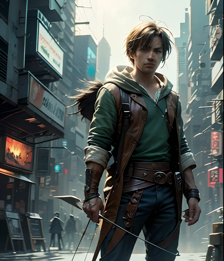 robin hood in a distopian world, cyberpunk with bow and arrow --auto --s2