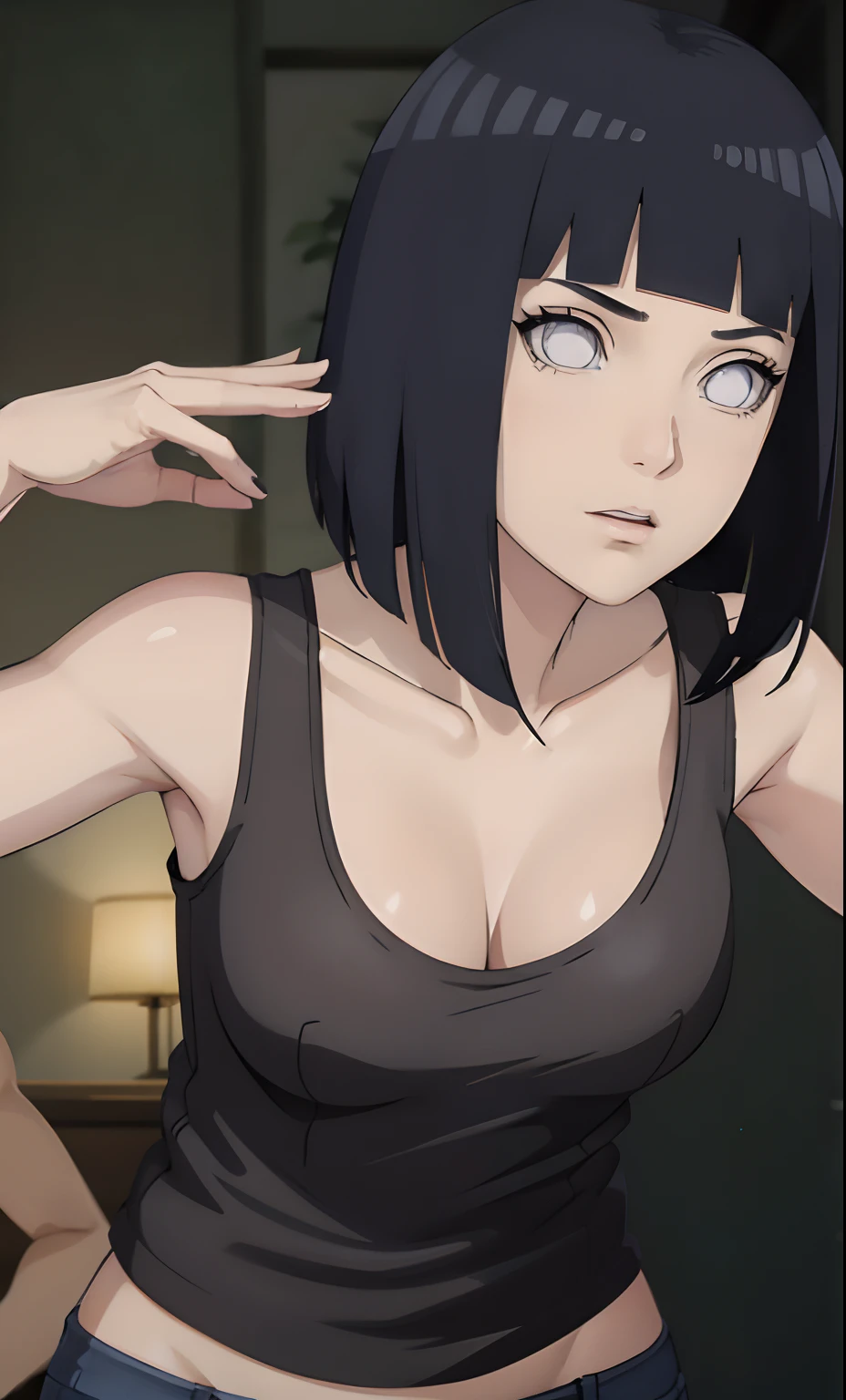 Hinata Hyuga,Meisterwerk, (Tanktop),Skinny Jeans, Seductive face, gute Beleuchtung, Ausschnitt, Kleine Details, Meisterwerk, Leuchtende Augen, 1girls, schwarzes Haar, im Gesicht, Glyzinien-Hintergrund, Meisterwerk, best quality, Half body, Erotik,big Breasts,